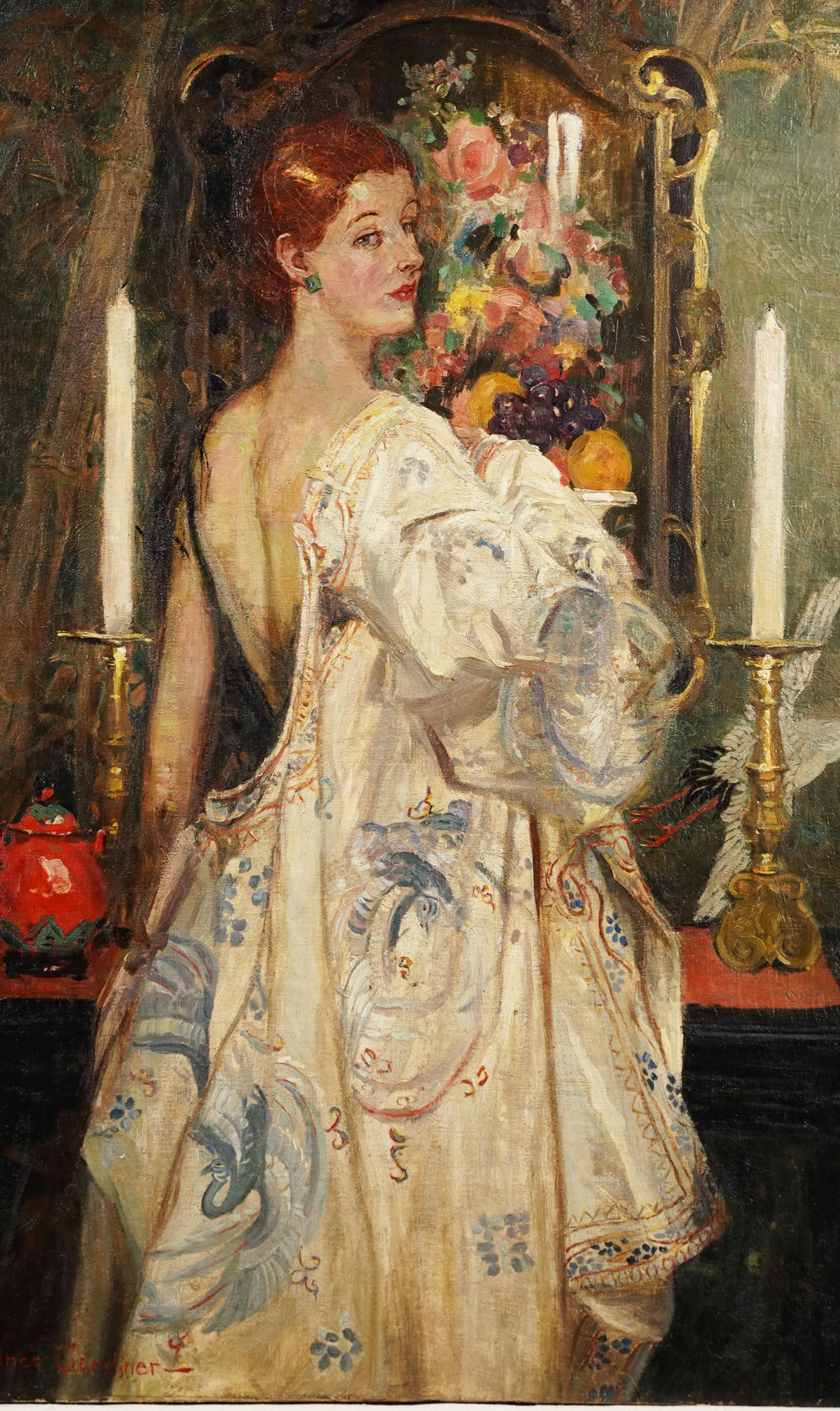 Ancienne peinture à l'huile impressionniste américaine du 19ème siècle représentant un portrait de genre, signée - Marron Interior Painting par Florence Gardiner