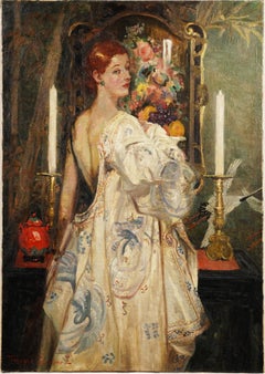 Ancienne peinture à l'huile impressionniste américaine du 19ème siècle représentant un portrait de genre, signée