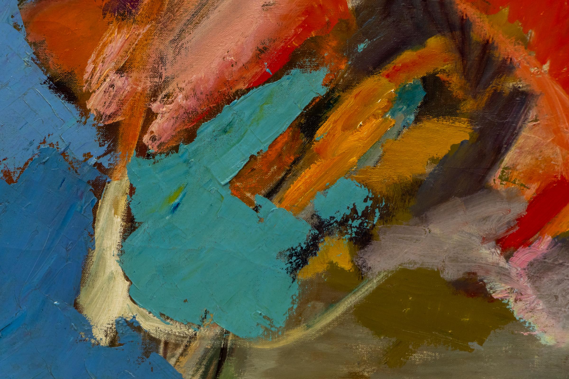 This original abstract oil painting by female artist Florence V. Mercolino Graziano is a vibrant and expressive composition full of color and energy. The work features dynamic brushwork in bold shades of red, pink, yellow, and violet, all set