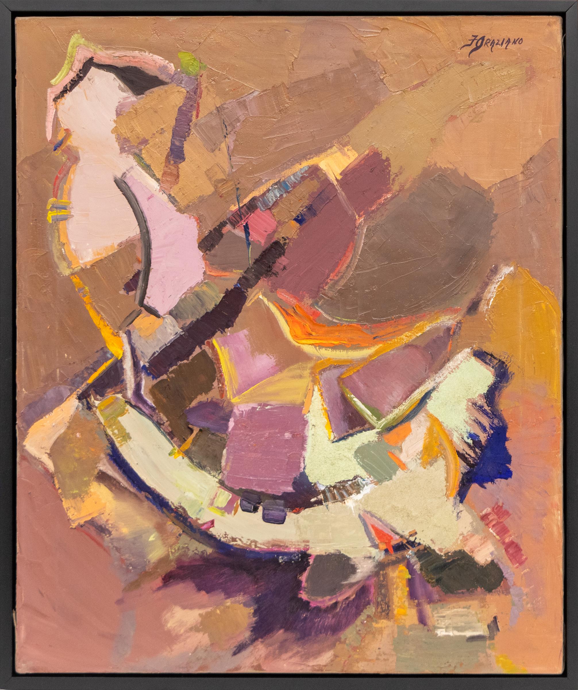 Galaxie #122, 1970s Abstract Painting in Mauve, Violet, Yellow & Taupe Hues For Sale 1