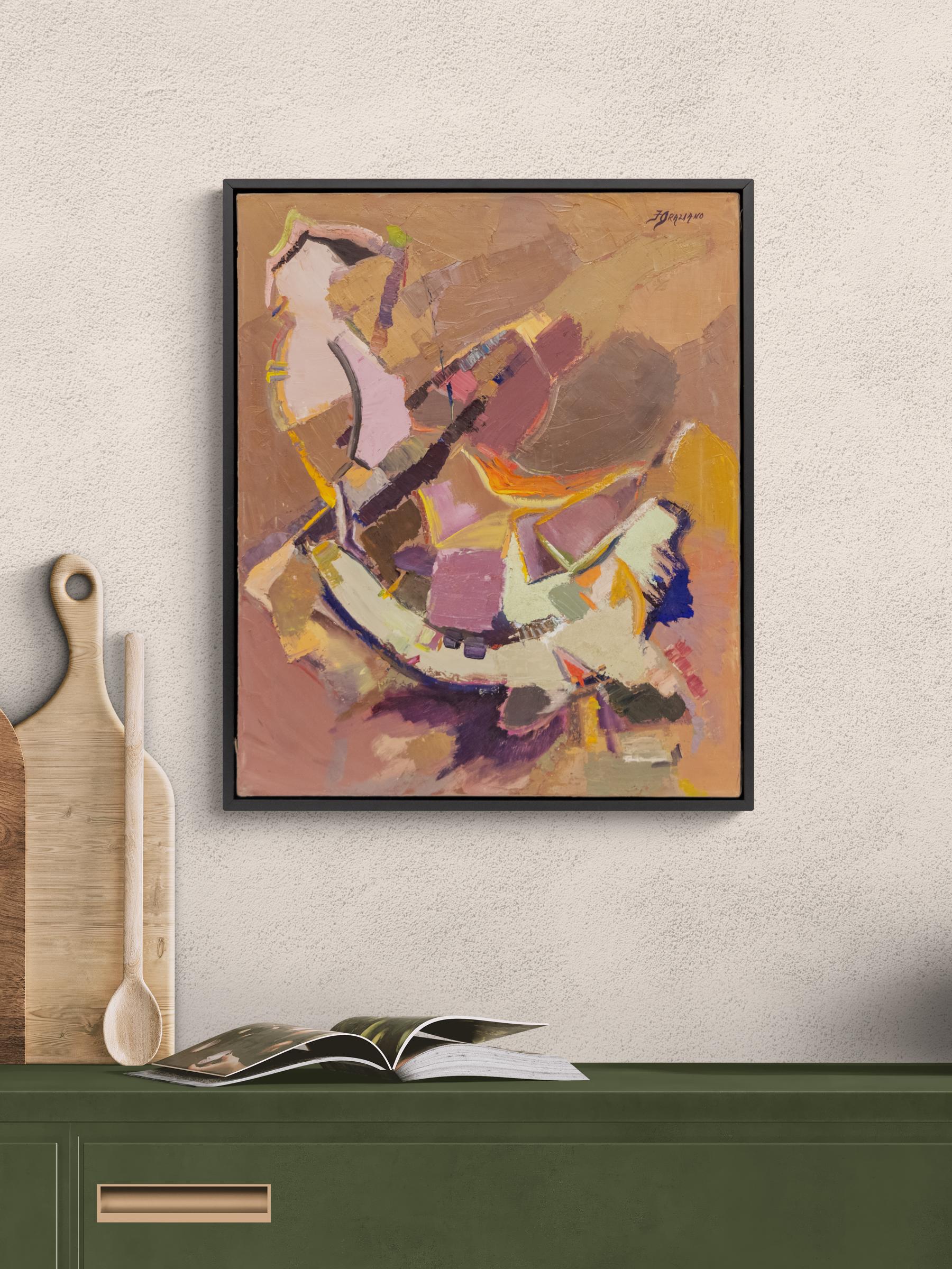 Galaxie #122, 1970s Abstract Painting in Mauve, Violet, Yellow & Taupe Hues For Sale 7