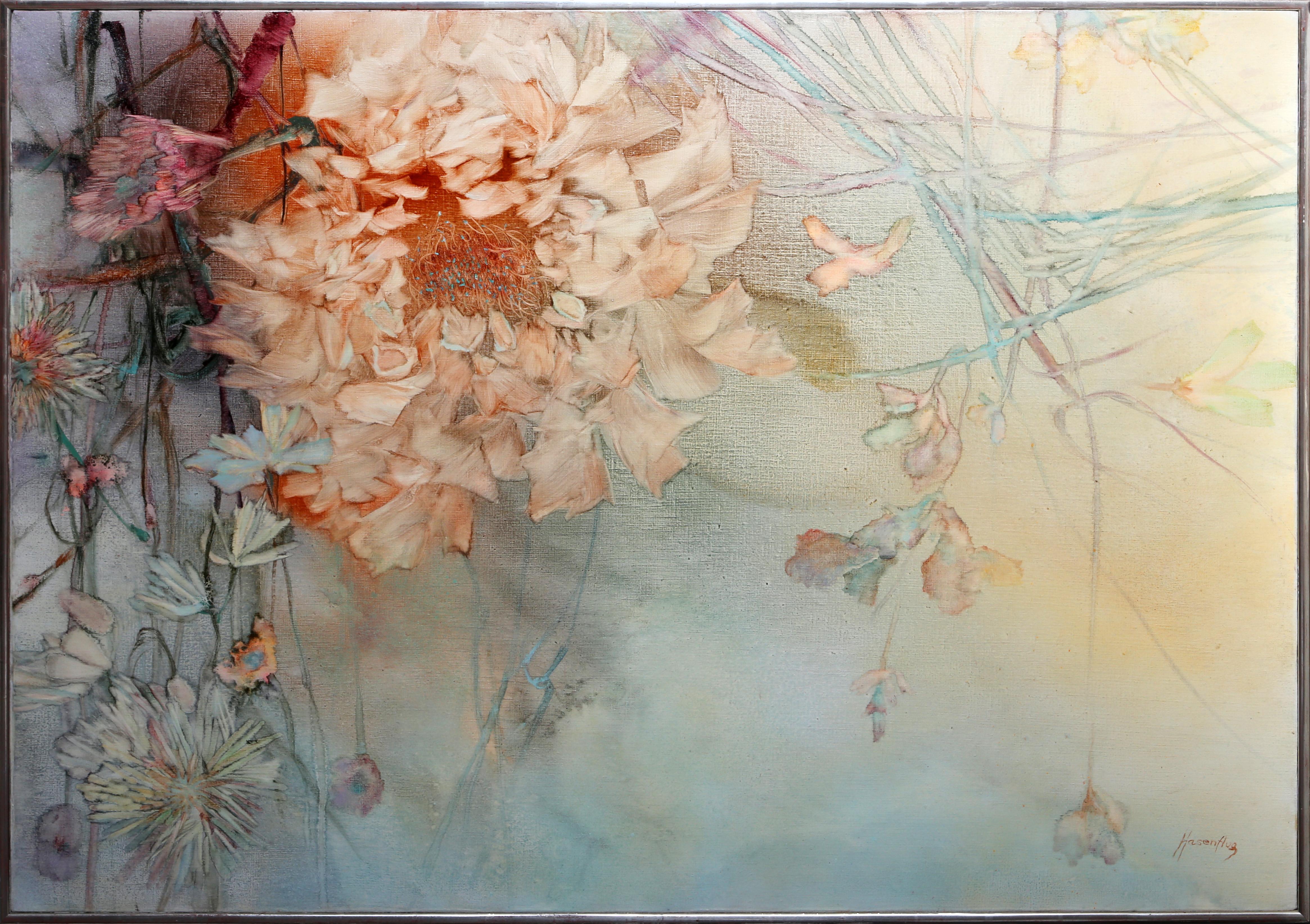 Figurative Painting Florence Hasenflug - Fleurs dans le brouillard, grande peinture de F. Hasenflug