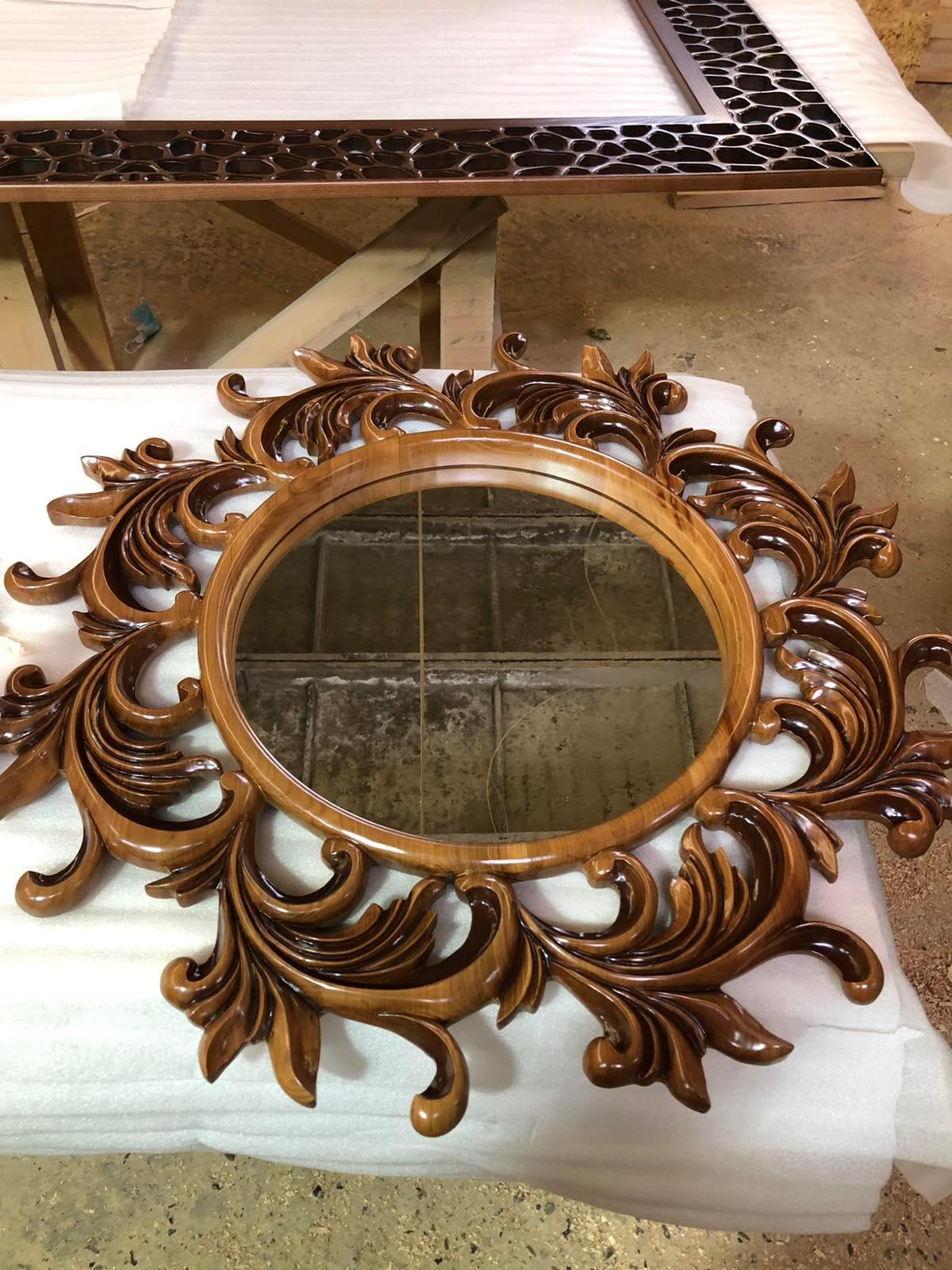Florence II Carved Brown Ash Solid Wood Wall Mirror In New Condition For Sale In Naperville, IL