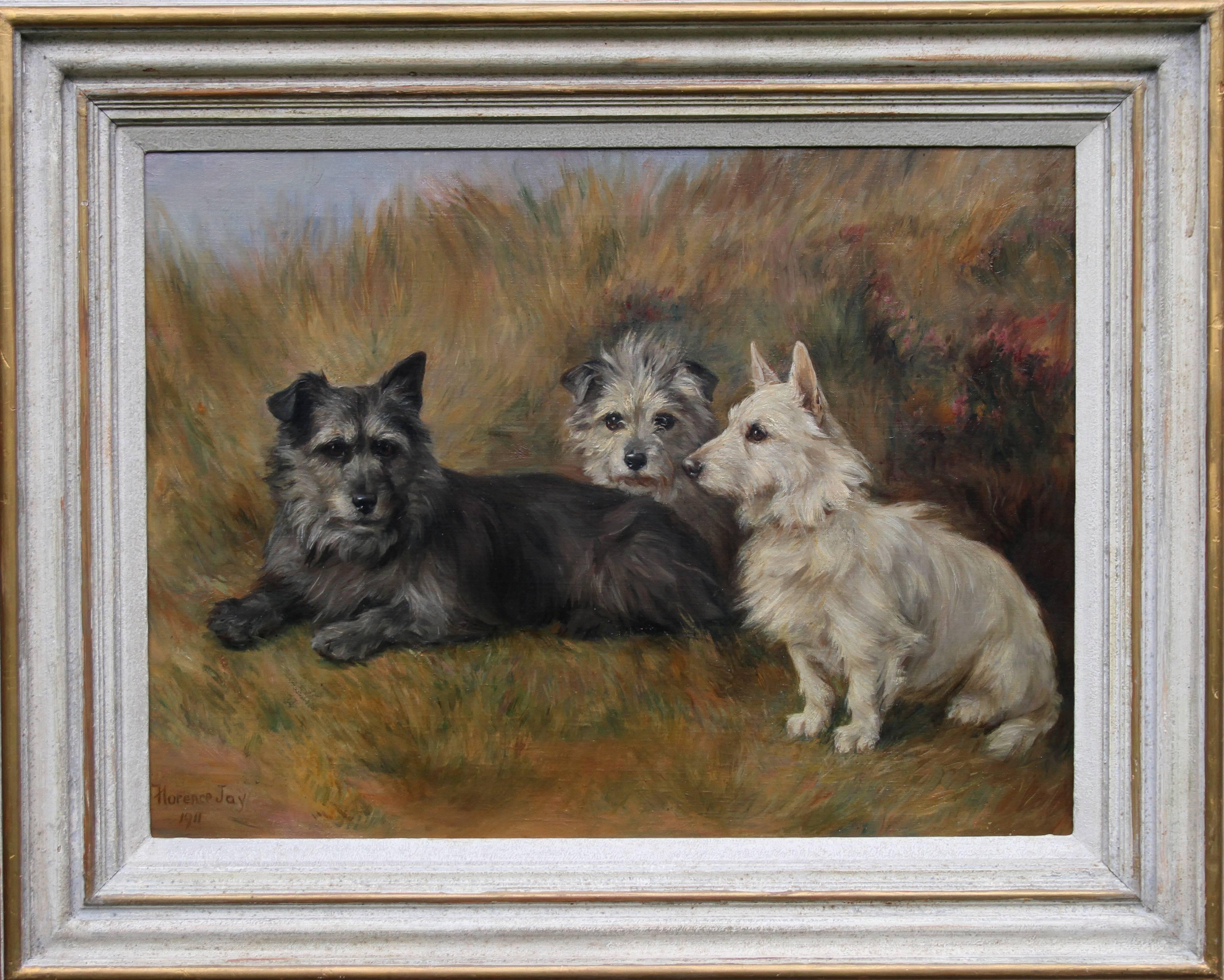 Florence Jay Portrait Of Three Terriers British Edwardian Dogs