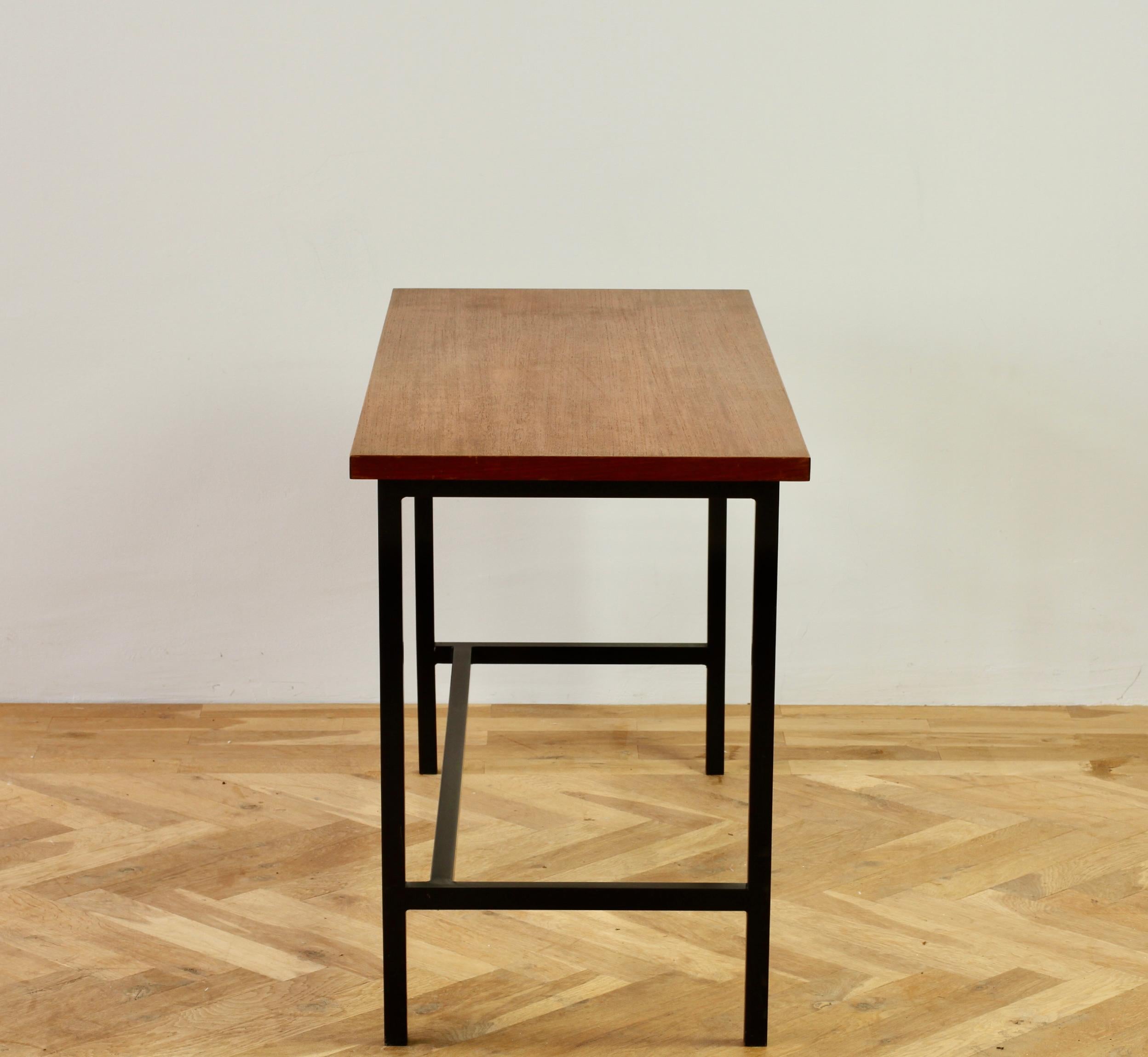 Oiled Florence Knoll 1950s Mid-Century Wood Veneer Black Frame Desk or Console Table For Sale