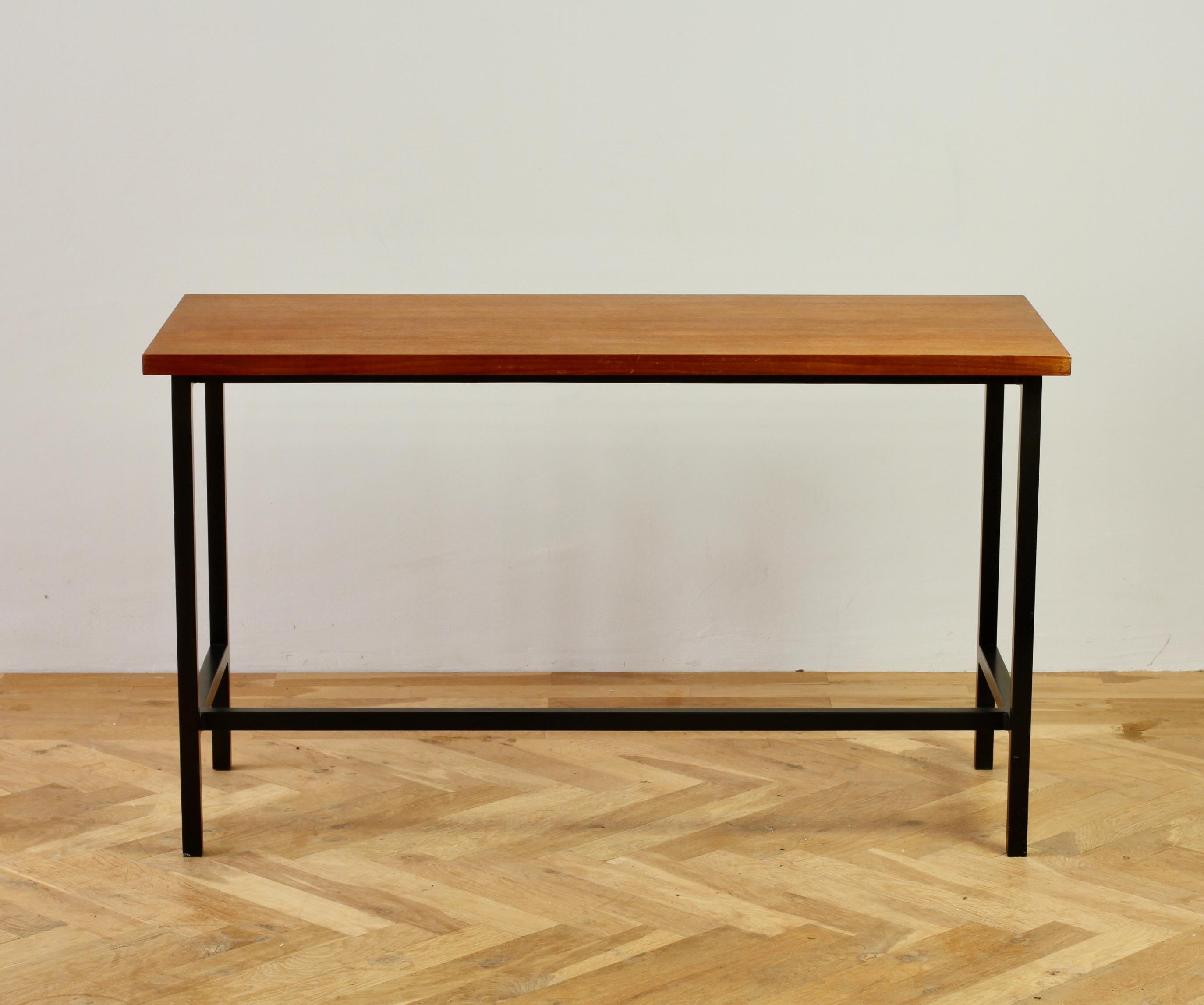 20th Century Florence Knoll 1950s Mid-Century Wood Veneer Black Frame Desk or Console Table For Sale