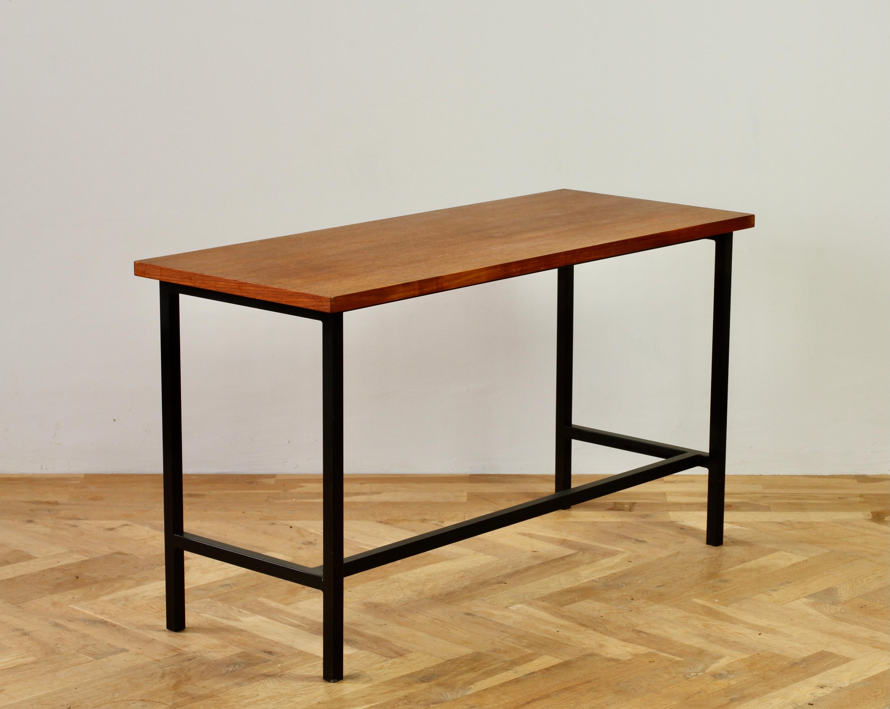 Metal Florence Knoll 1950s Mid-Century Wood Veneer Black Frame Desk or Console Table For Sale