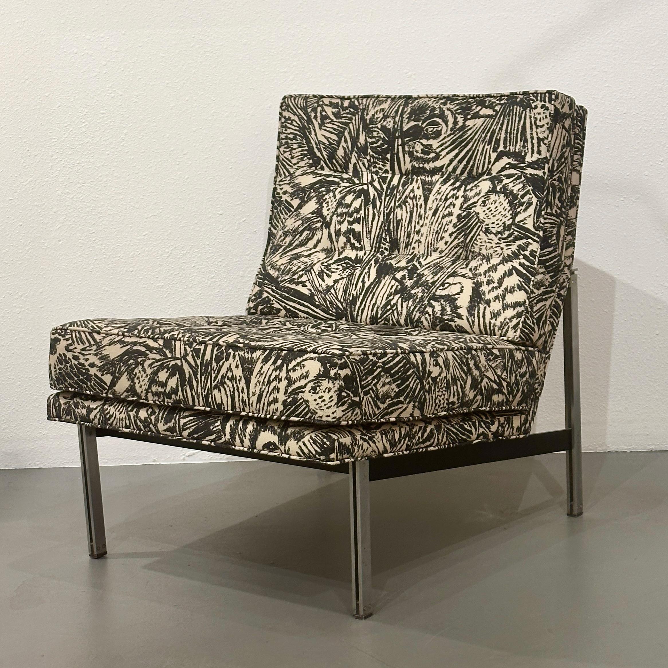 Florence Knoll 1950s Parallel Bar Chair with Fab Abstract Black and White Bird Fabric

The Florence Knoll Parallel Bar Lounge Chair, Model 51, is a classic example of mid-century modern design. Designed by Florence Knoll in 1955 and produced by