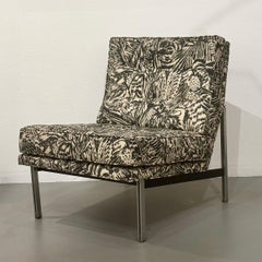 Florence Knoll 1950s Parallel Bar Chair Fab Abstract Black and White Bird Fabric