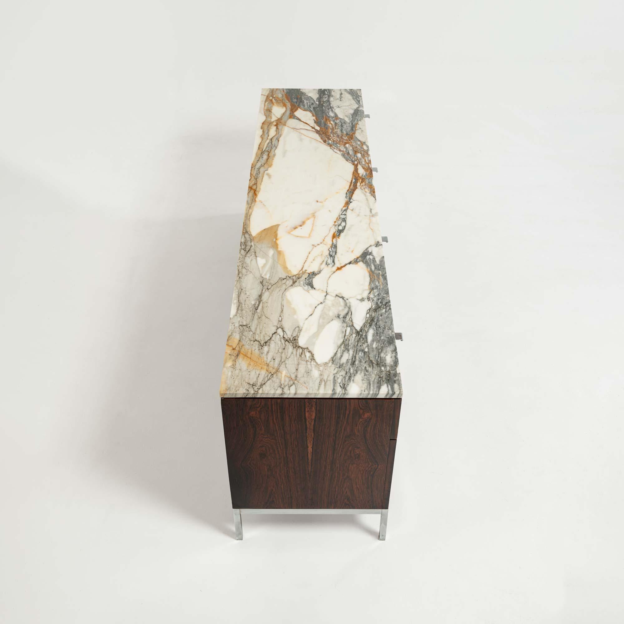American Florence Knoll 2544 Rosewood Credenza with Chrome Base and Calacatta Marble Top