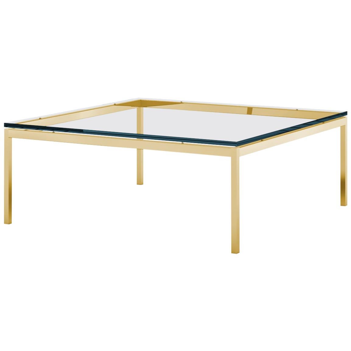 Florence Knoll 47" Square Low Coffee Table, Glass Top & Gold Frame For Sale