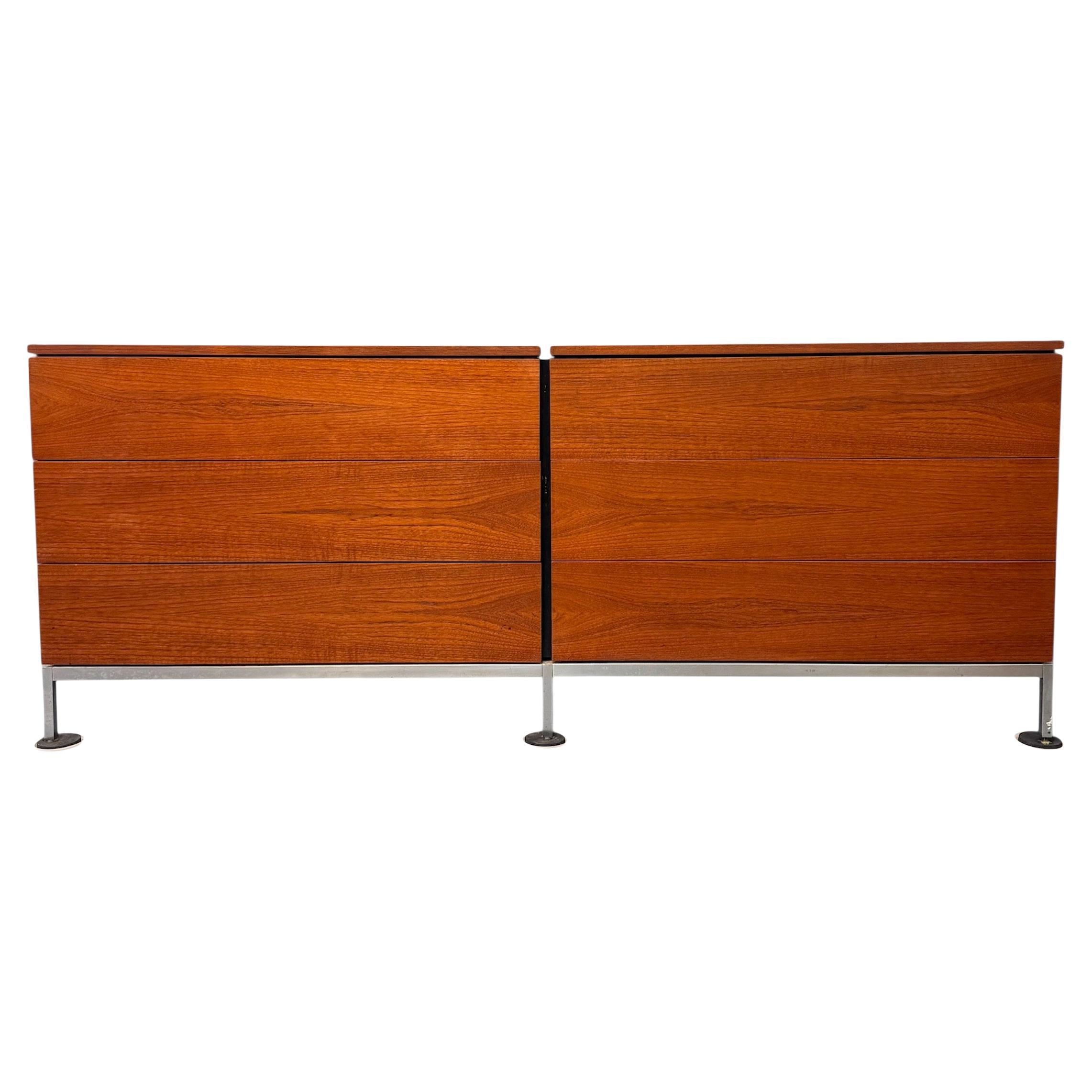 Florence Knoll 6-Drawer Double Dresser in Teak with Satin Nickel Base 1960s