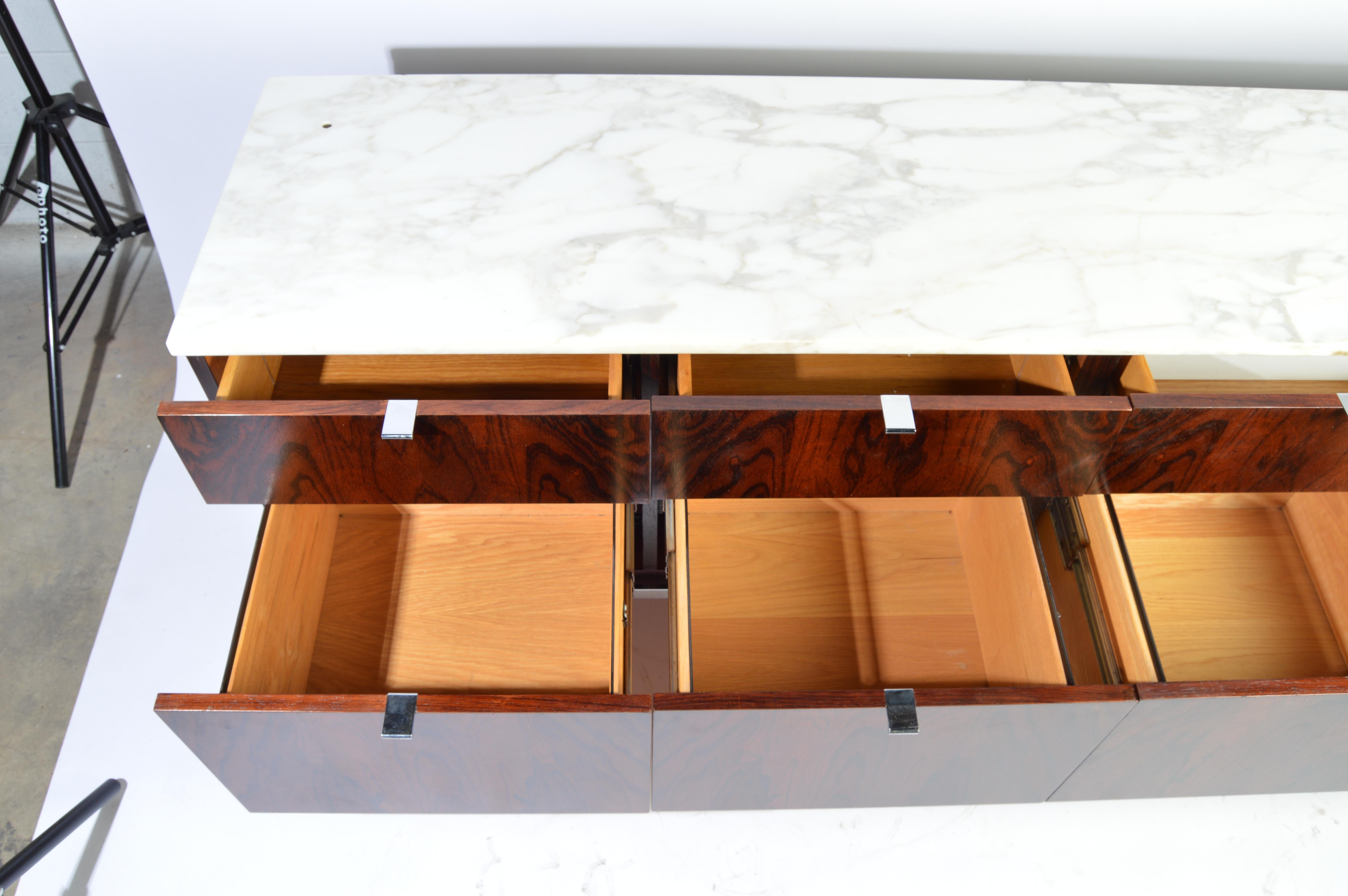 Polychromed Florence Knoll 8 Drawer Rosewood Credenza with Carrara Marble Top