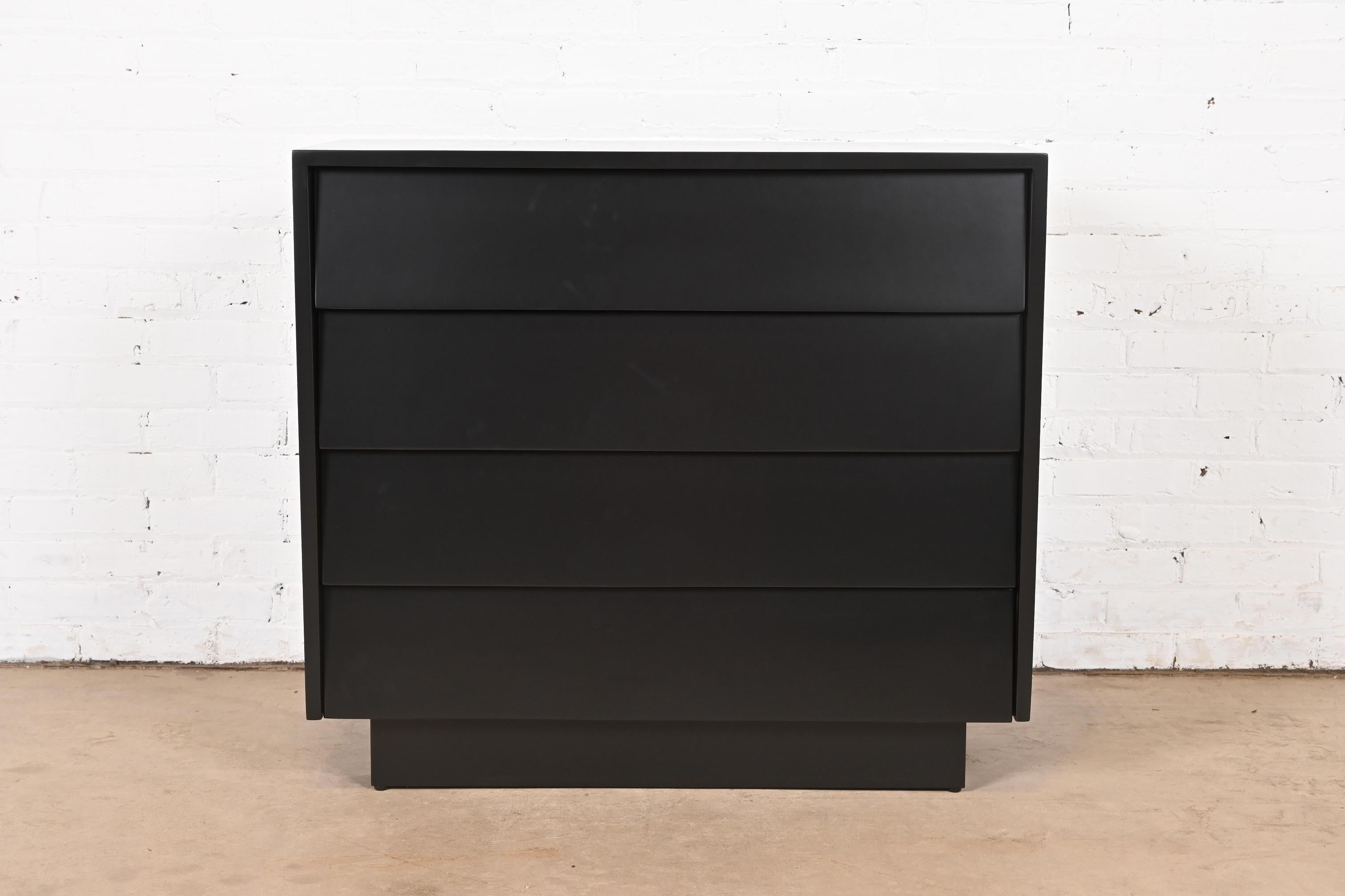Minimalist Florence Knoll Black Lacquered Louvered Front Chest of Drawers, Newly Refinished