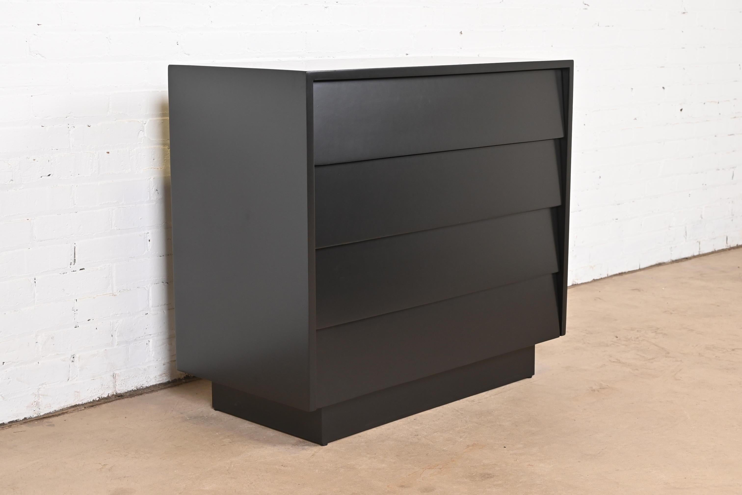 Walnut Florence Knoll Black Lacquered Louvered Front Chest of Drawers, Newly Refinished