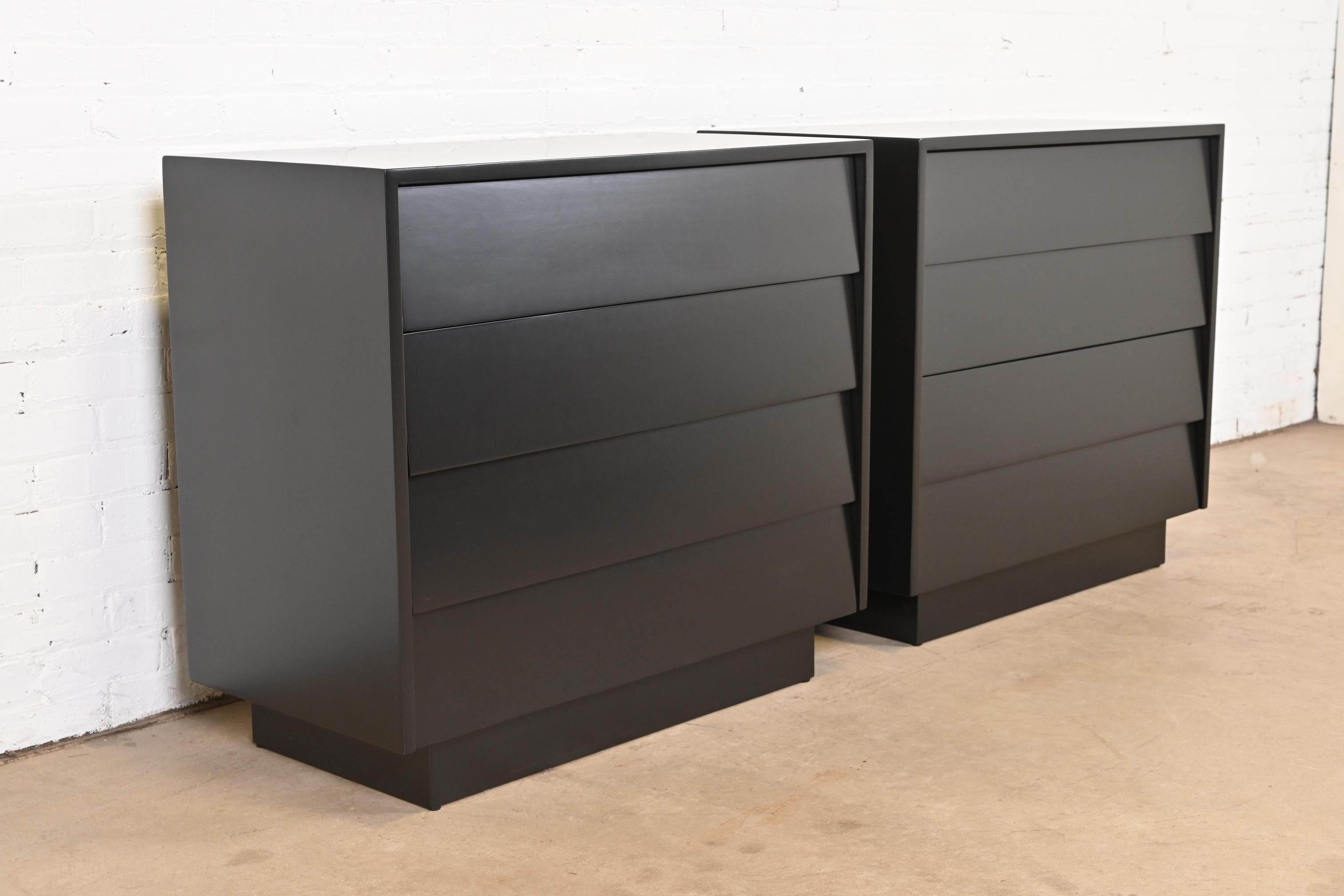 Walnut Florence Knoll Black Lacquered Louvered Front Chests of Drawers, Refinished