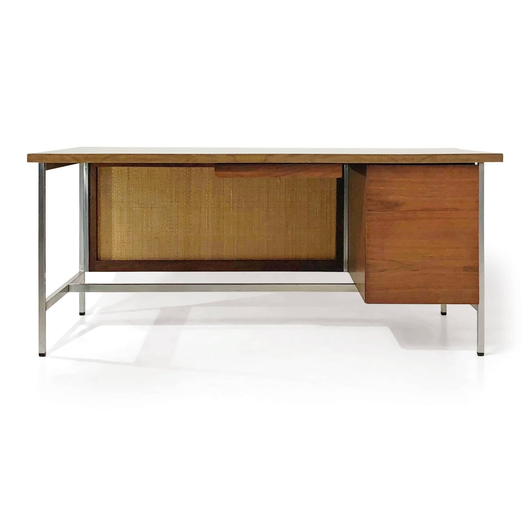 American Florence Knoll Walnut and Cane Executive Desk, circa 1960