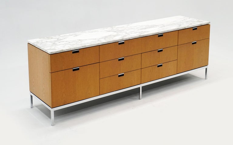 Mid-Century Modern Florence Knoll Credenza, Blonde Oak Case, White Marble Top, Original, Signed For Sale