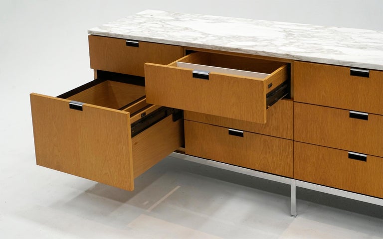 Chrome Florence Knoll Credenza, Blonde Oak Case, White Marble Top, Original, Signed For Sale