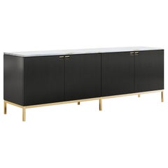 Florence Knoll Large Credenza, Ebonized Oak, Polished Arabescato & Gold Base 