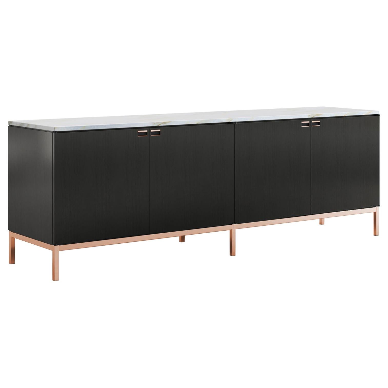 Florence Knoll Large Credenza, Ebonized Oak, Polished Arabescato & Rose Gold  For Sale