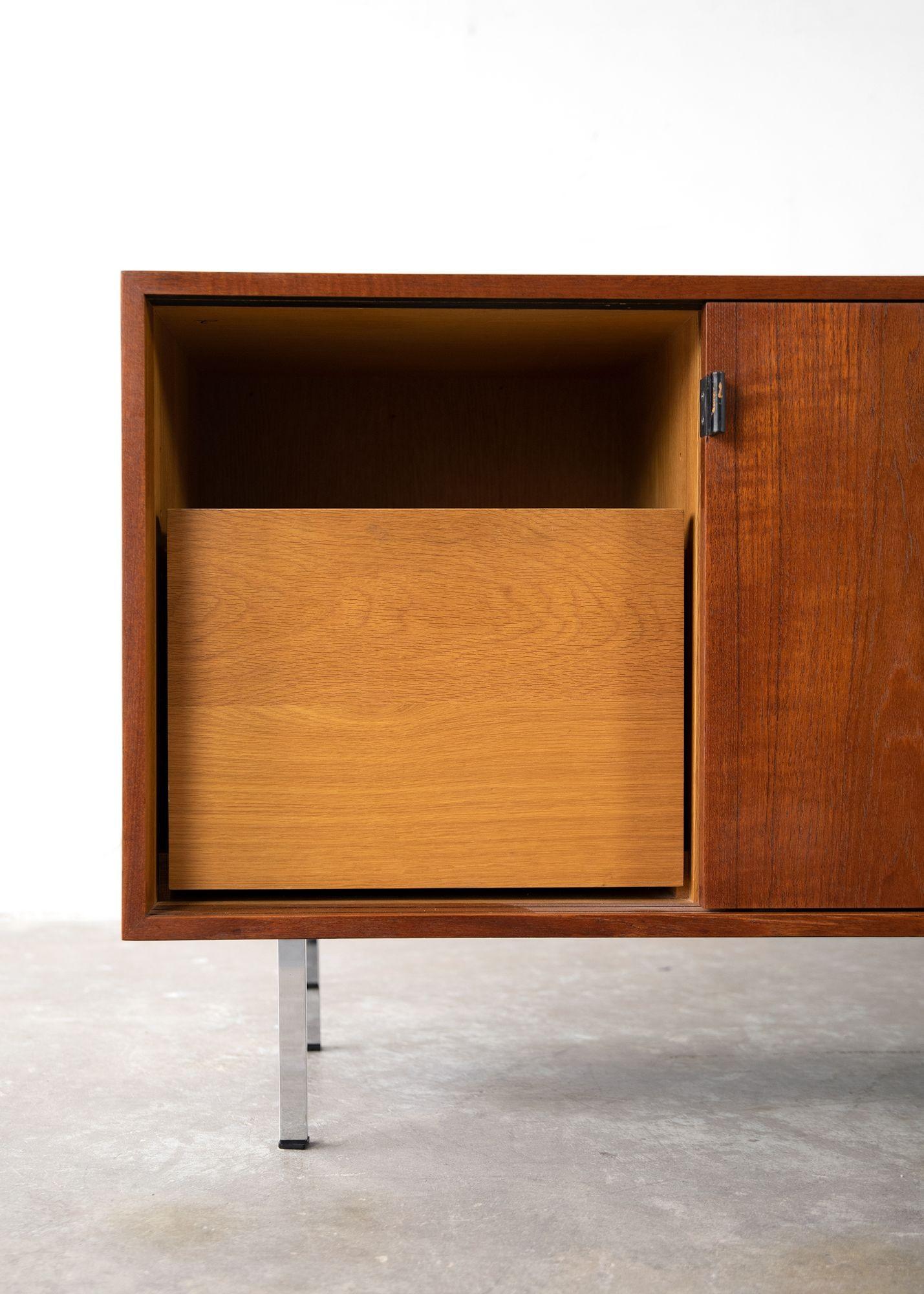 American Florence Knoll Credenza in Teak and Oak with Chrome Legs and Leather Pulls