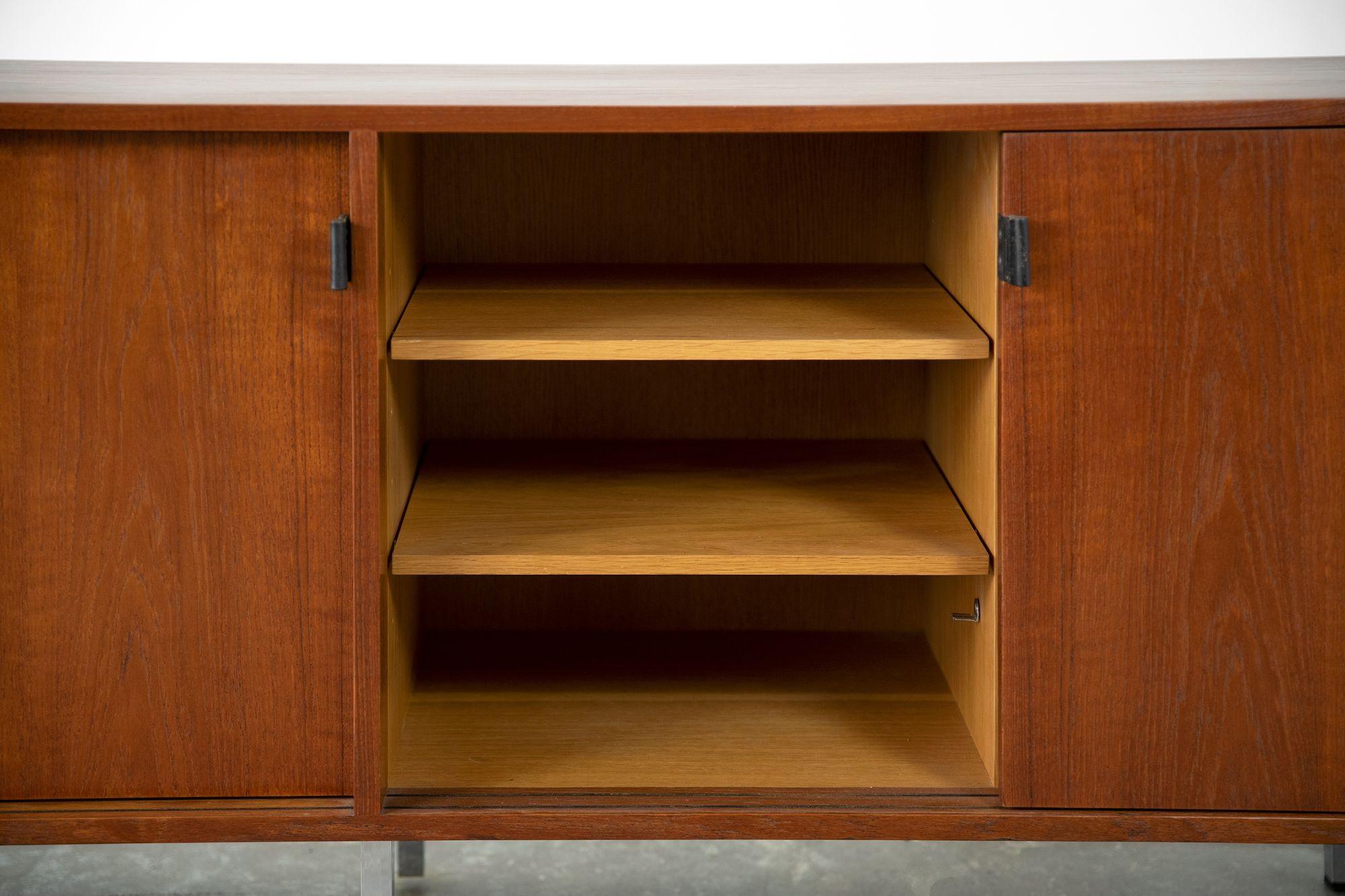 Florence Knoll Credenza in Teak and Oak with Chrome Legs and Leather Pulls 1