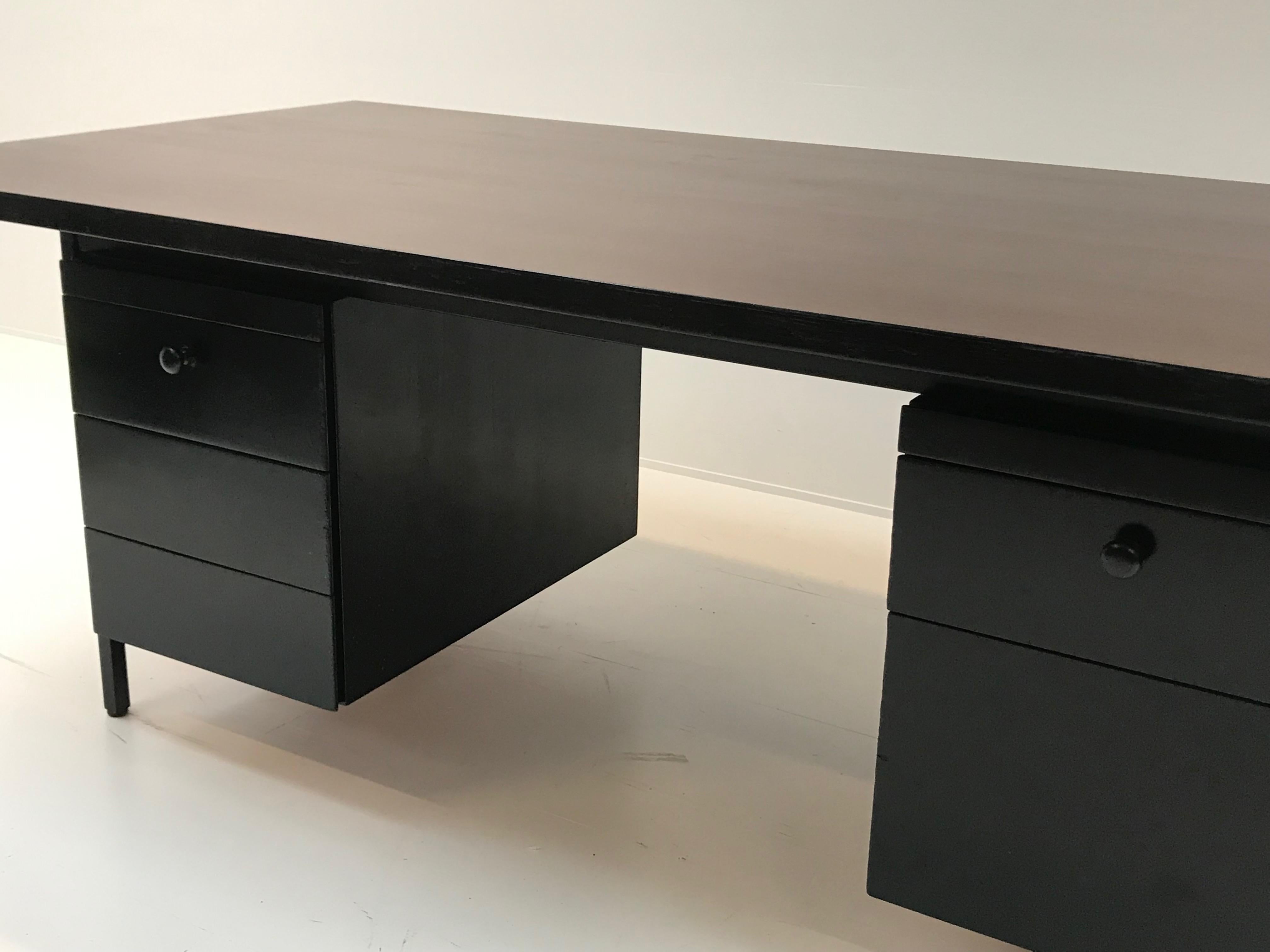 Mahogany Florence Knoll Desk, Brown Top and Black Drawers