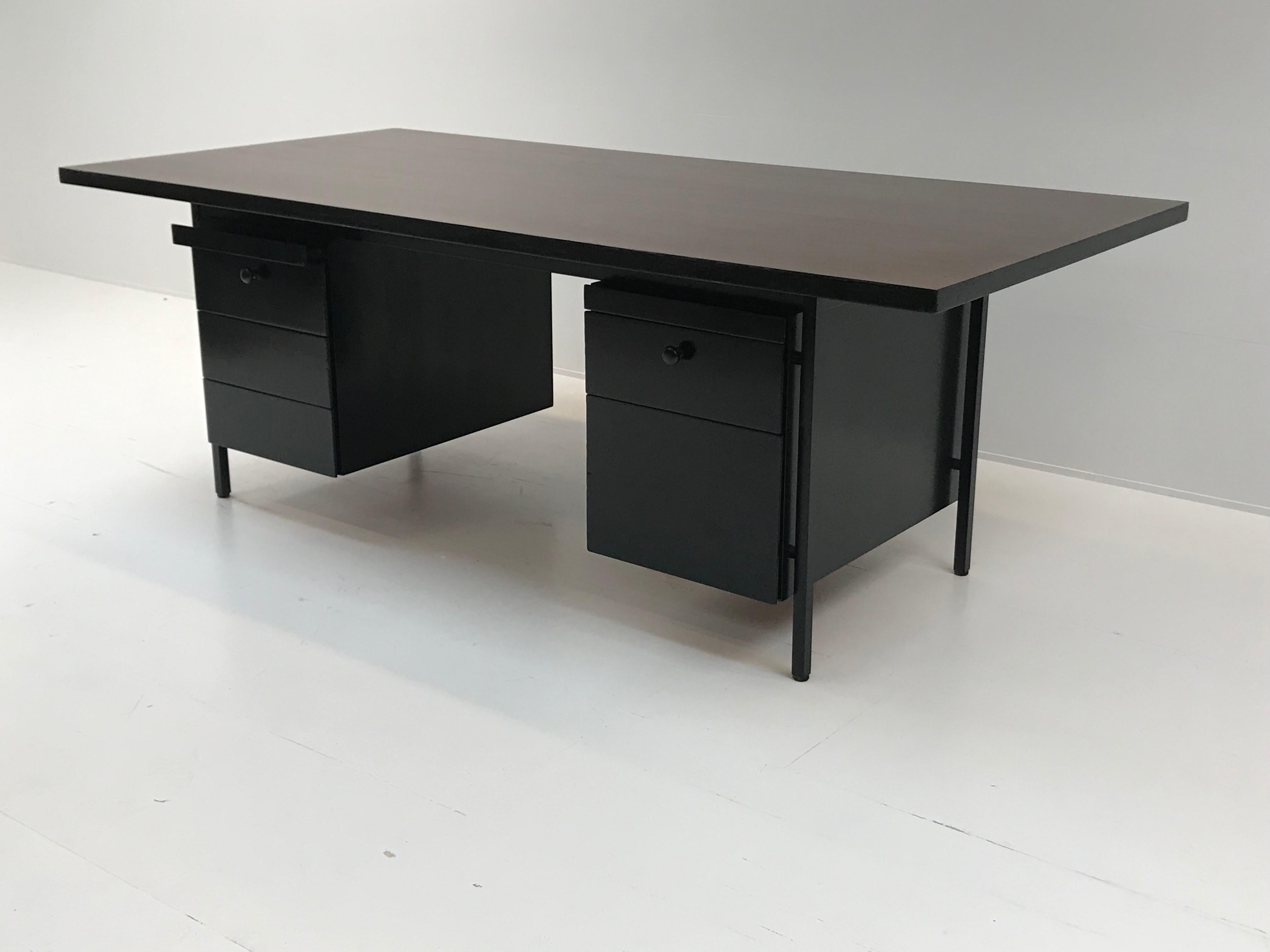 Florence Knoll Desk, Brown Top and Black Drawers 4