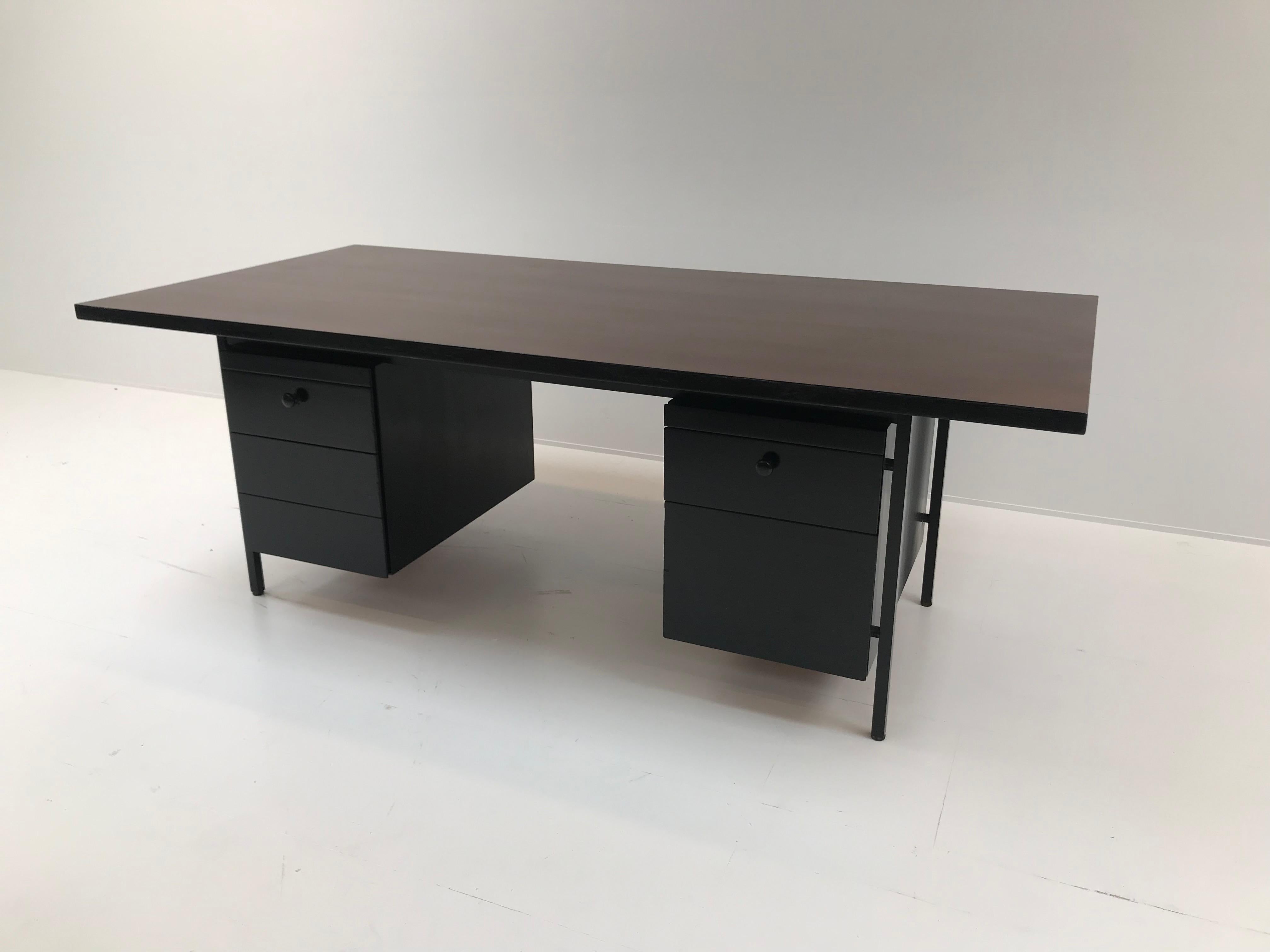 Florence Knoll Desk, Brown Top and Black Drawers 9