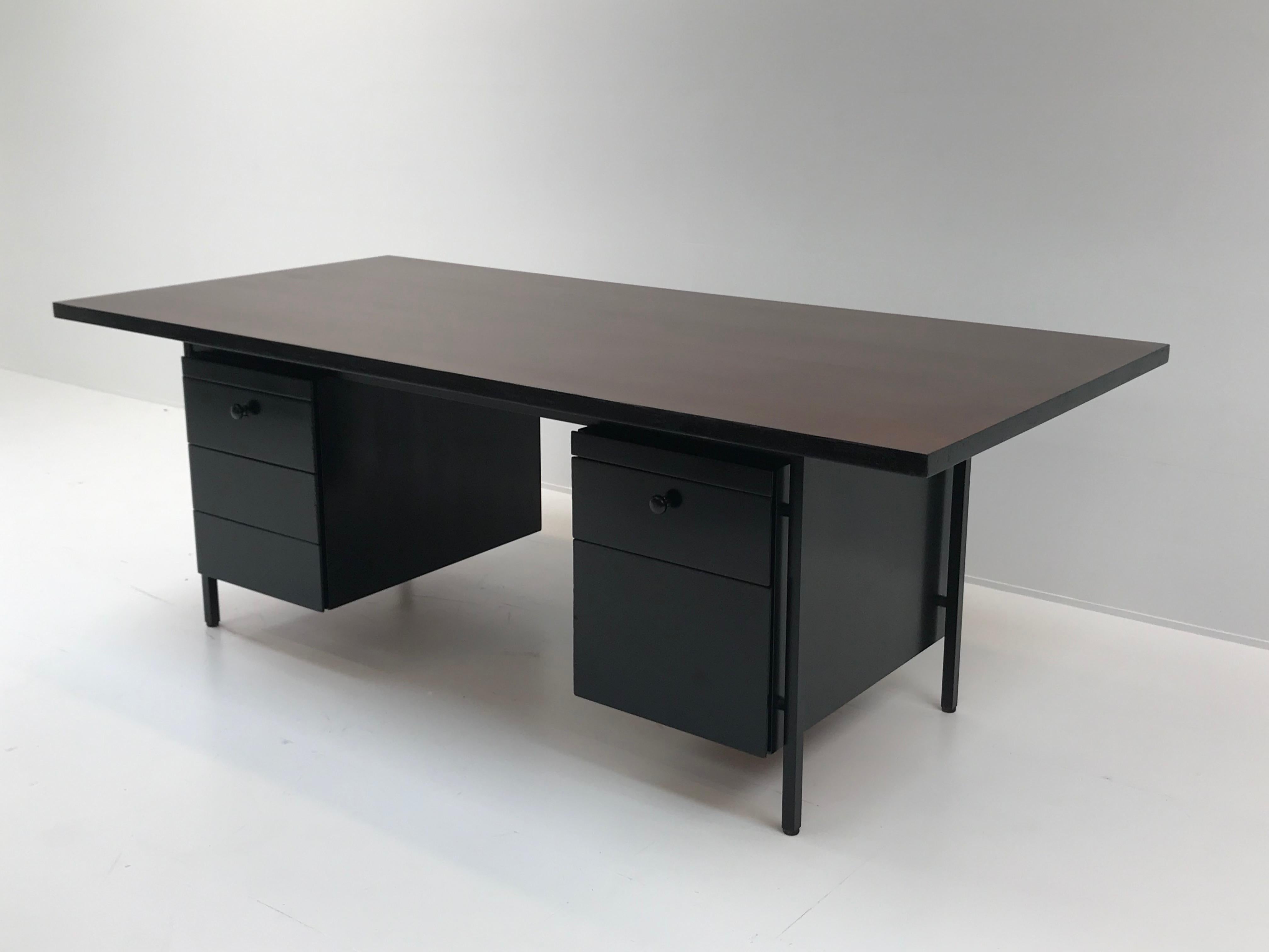 Florence Knoll Desk, Brown Top and Black Drawers 10