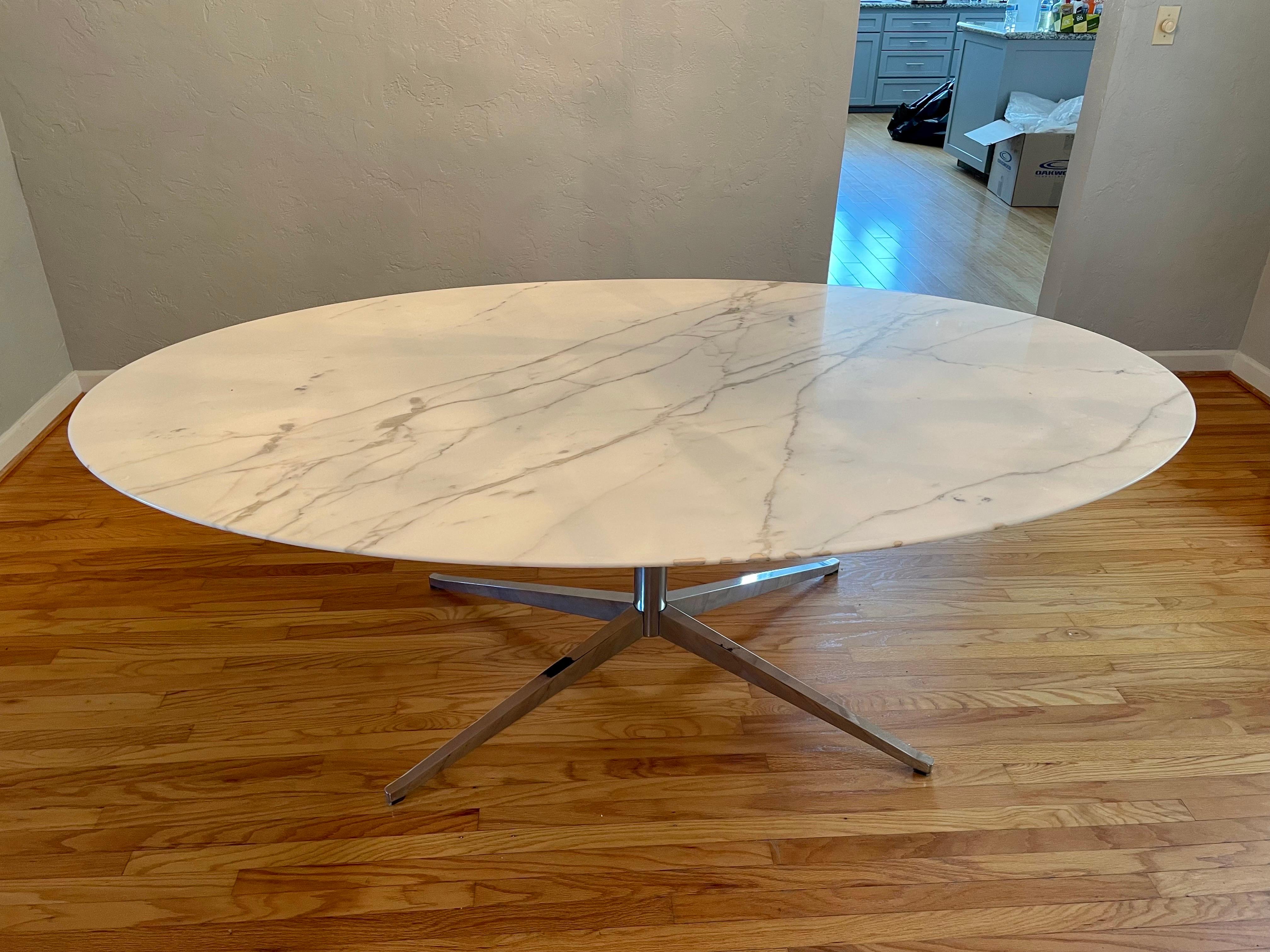 Florence Knoll Dining or Conference Desk Table Chrome Star Base & Marble Top In Fair Condition In San Diego, CA