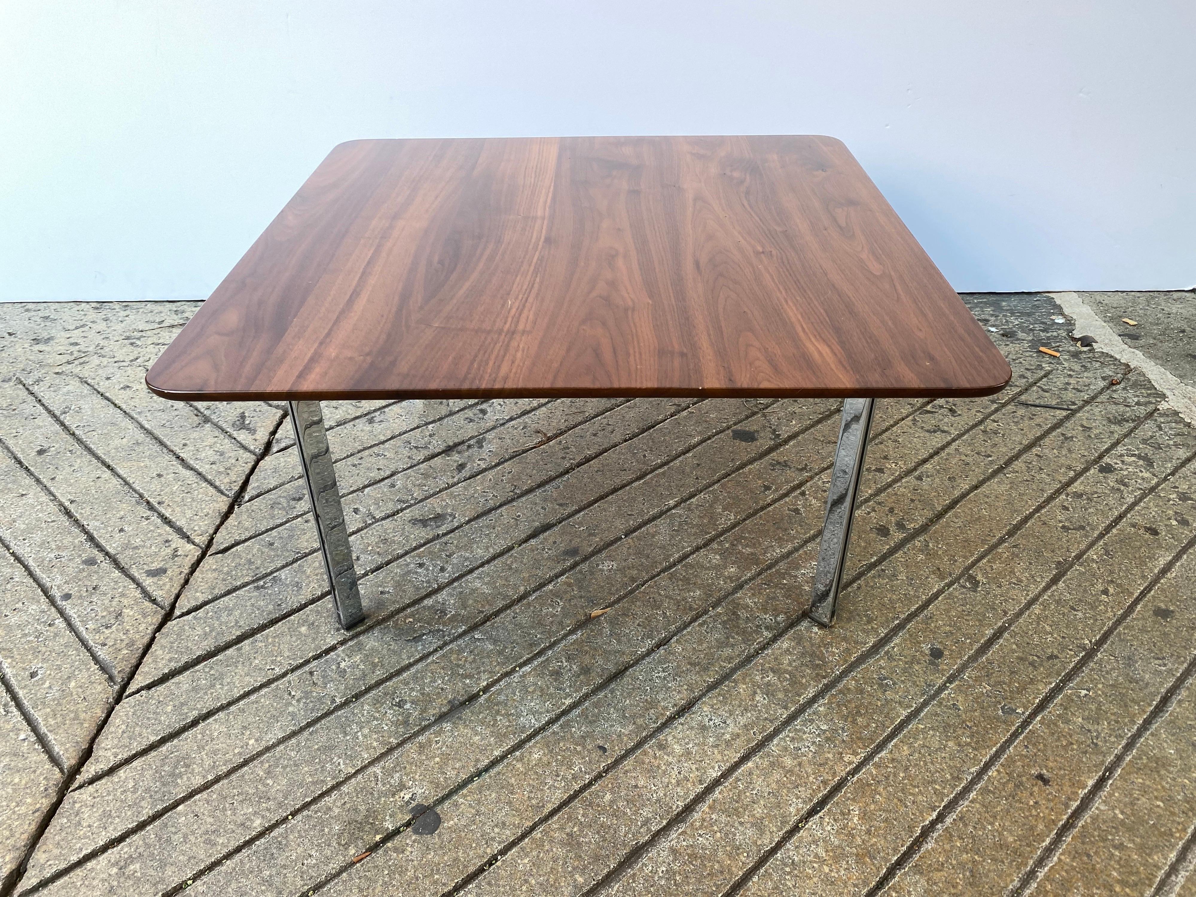 Florence Knoll double bar chrome coffee table with an architect specified solid walnut top! beautiful solid walnut with rounded corners. beautiful design with an upgraded solid wood top!