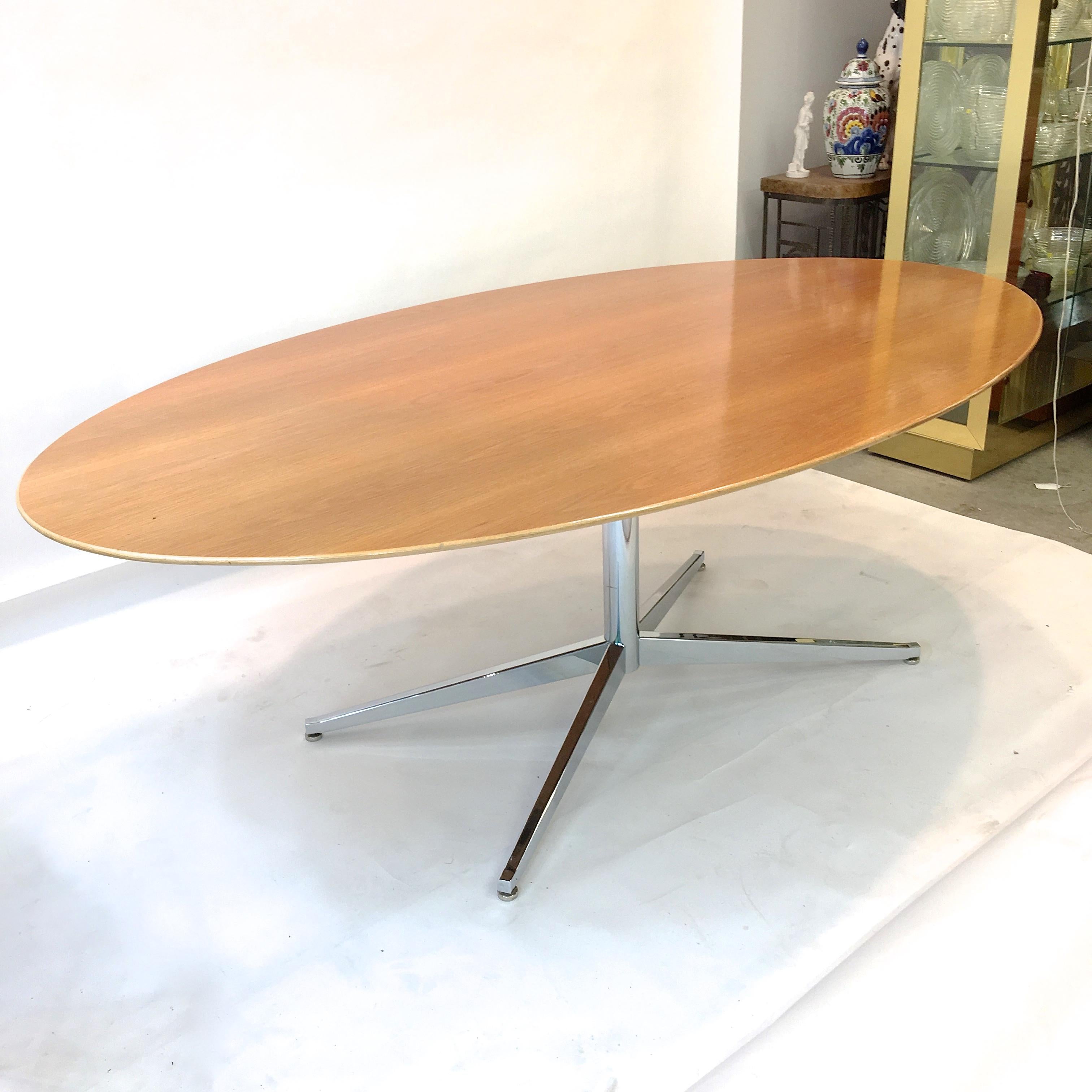 Florence Knoll Elliptical Oval Oak Table on Chrome X Base 10
