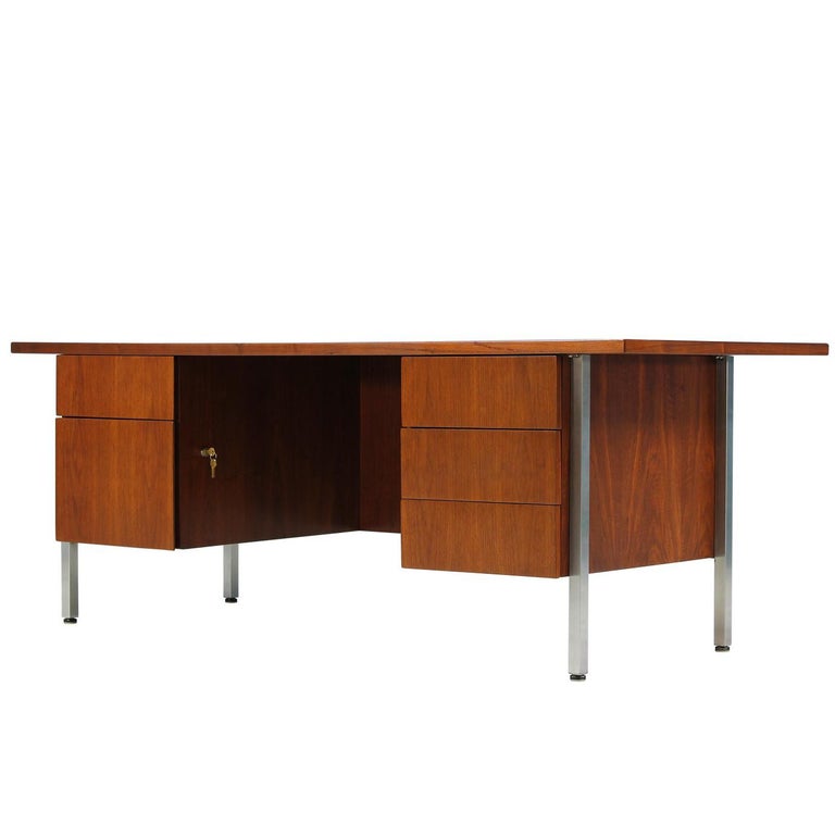 Florence Knoll Executive Walnut and Chrome Desk at 1stDibs