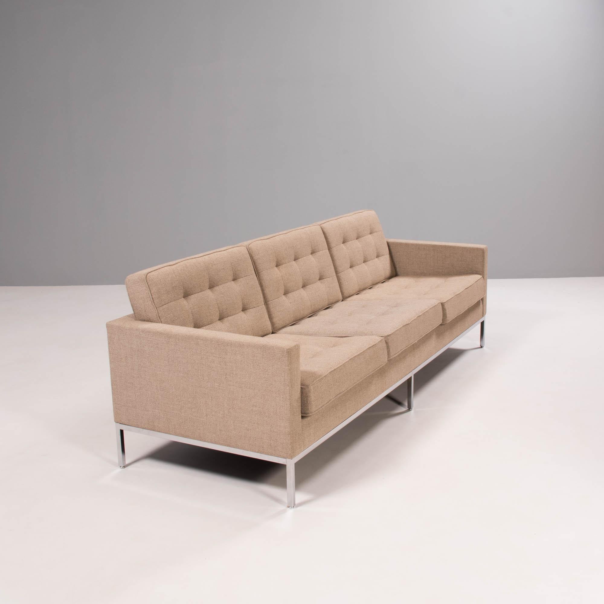 Scandinavian Modern Florence Knoll for Knoll Beige Fabric Relaxed Three Seater Sofa