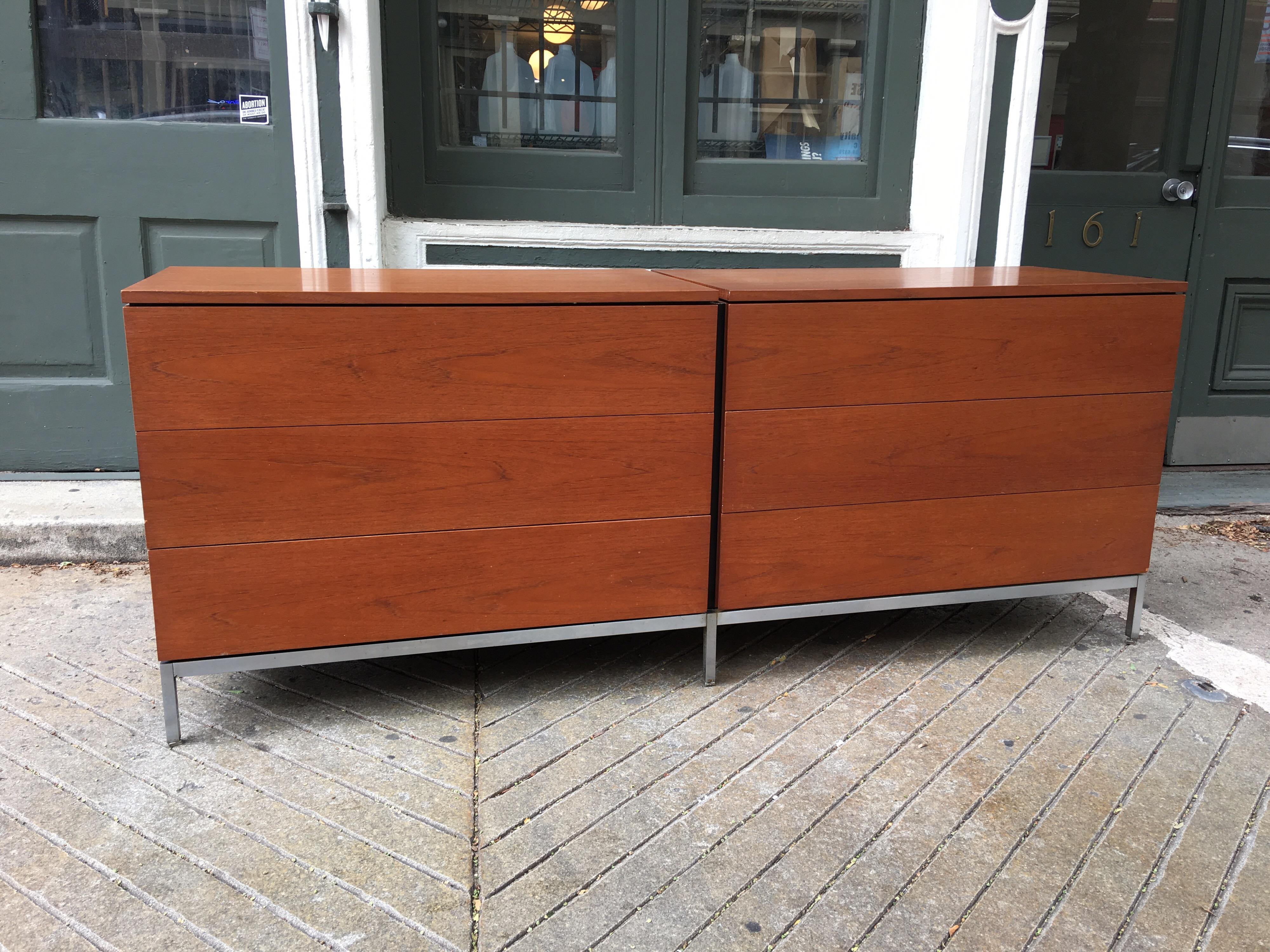 Florence Knoll for Knoll double dressers, each unit has 6 drawers. 2 six drawer dressers available! Very nice original condition, wood presents very well and chrome bases are clean. Drawers have recessed ends behind fronts that act as handles. All