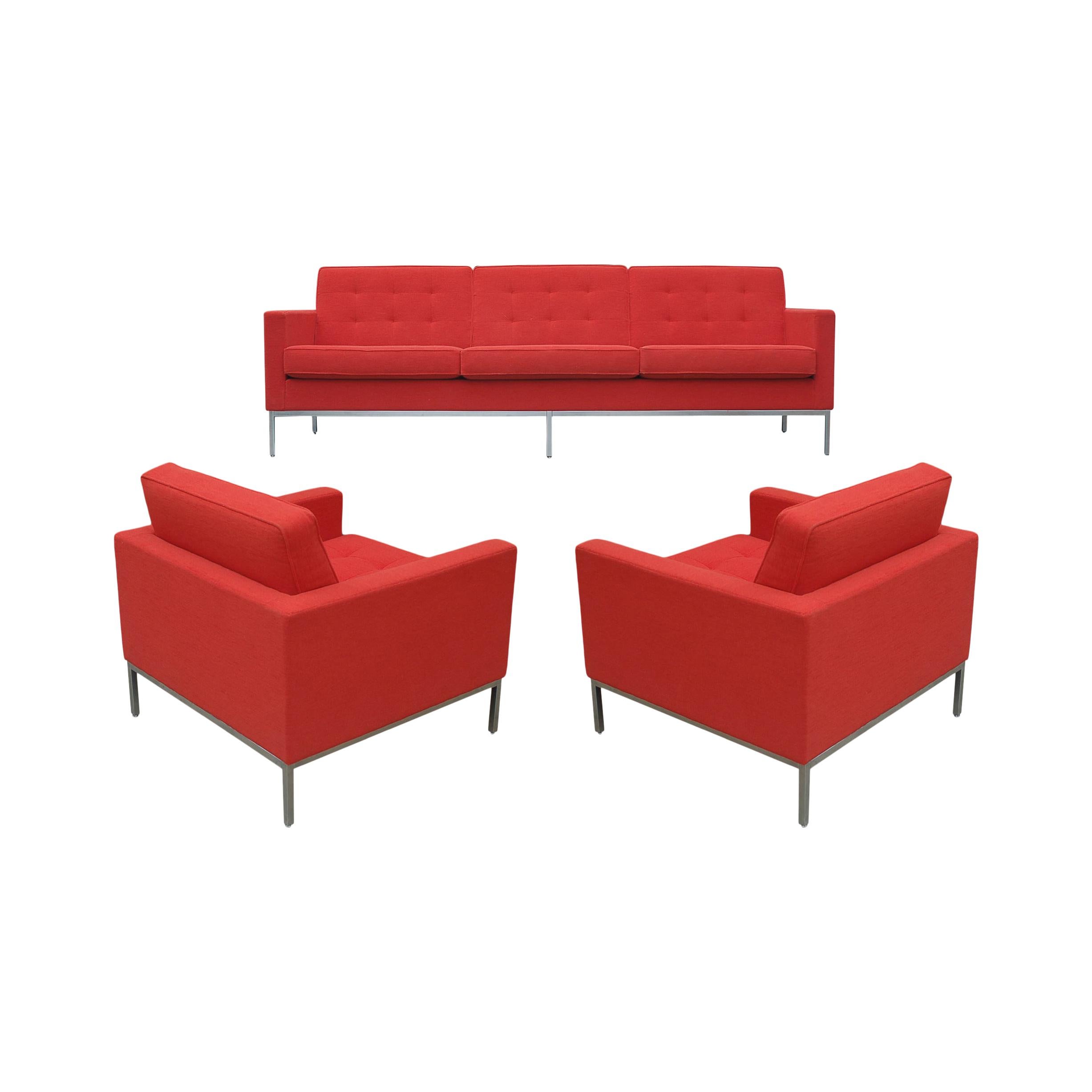 Florence Knoll for Knoll Sofa and Matching Lounge Chairs Living Room Set in Red