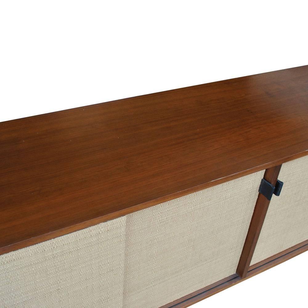 American 6ft Florence Knoll For Knoll Walnut And Grasscloth Credenza 