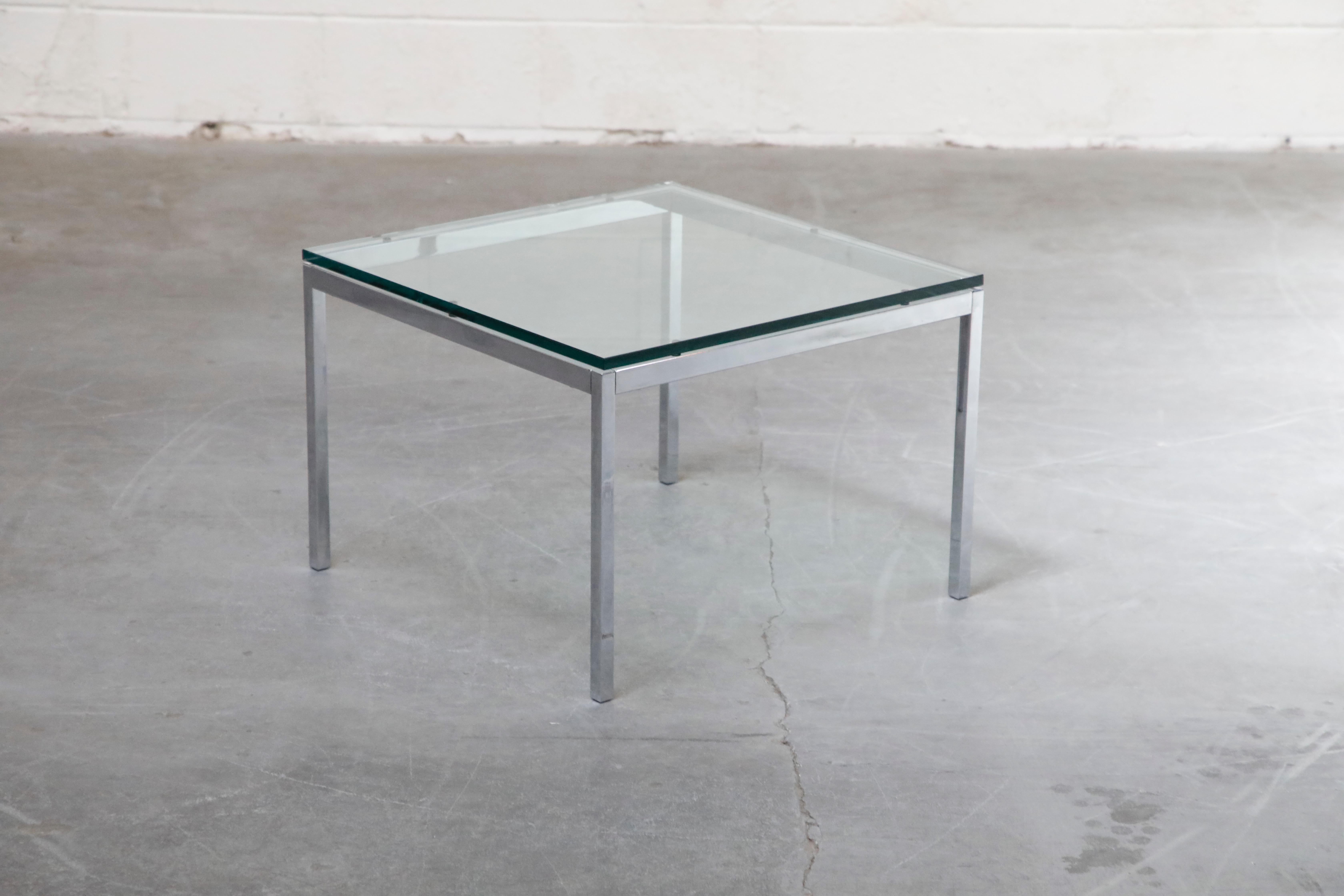 Designed to furnish the new interiors of postwar America, this Florence Knoll side table / end table, is a scaled-down translation of the lines, gestures and materials of Mid-Century Modern architecture. Produced by Knoll circa 1970, the spare,