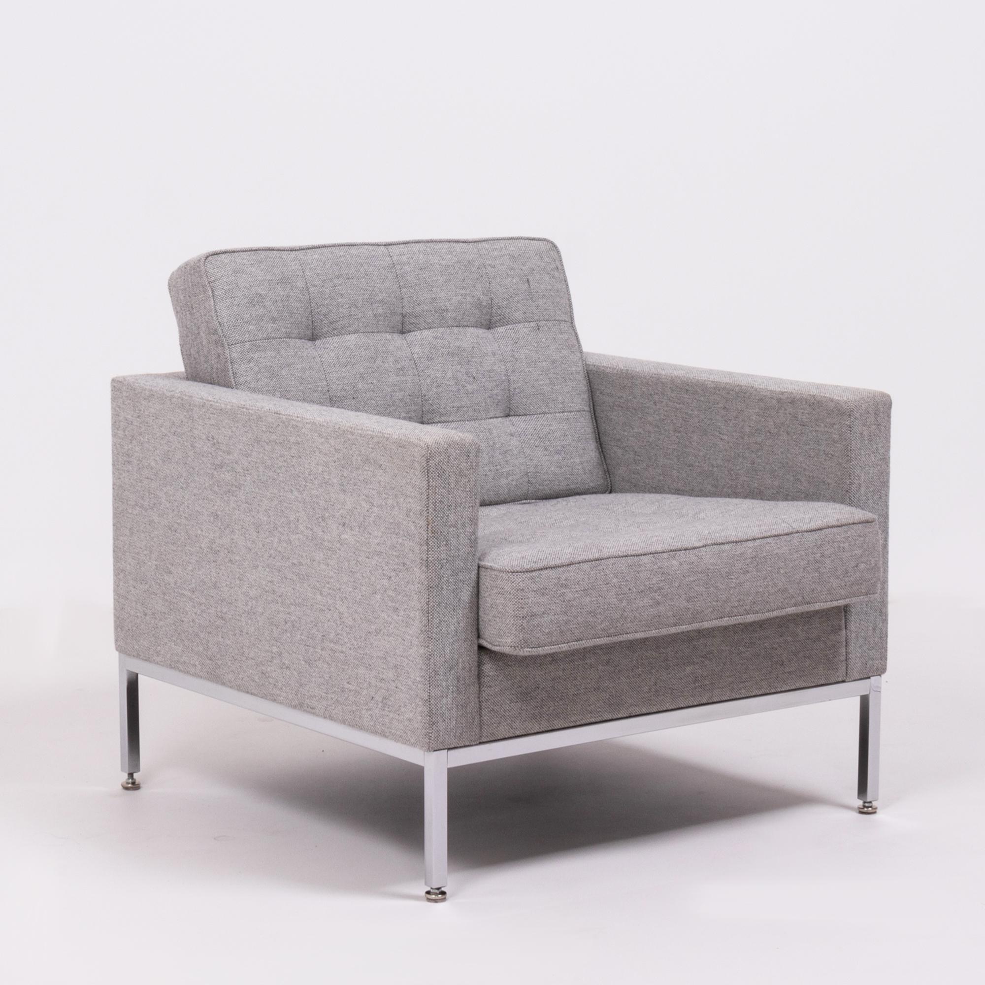 A rare, original “Florence Knoll” lounge chair from the world renown furniture house of Knoll Studio, dressed in a sublime, tactile woven-wool fabric, and with polished chrome framework.

Knoll Studio pieces are the epitome of contemporary