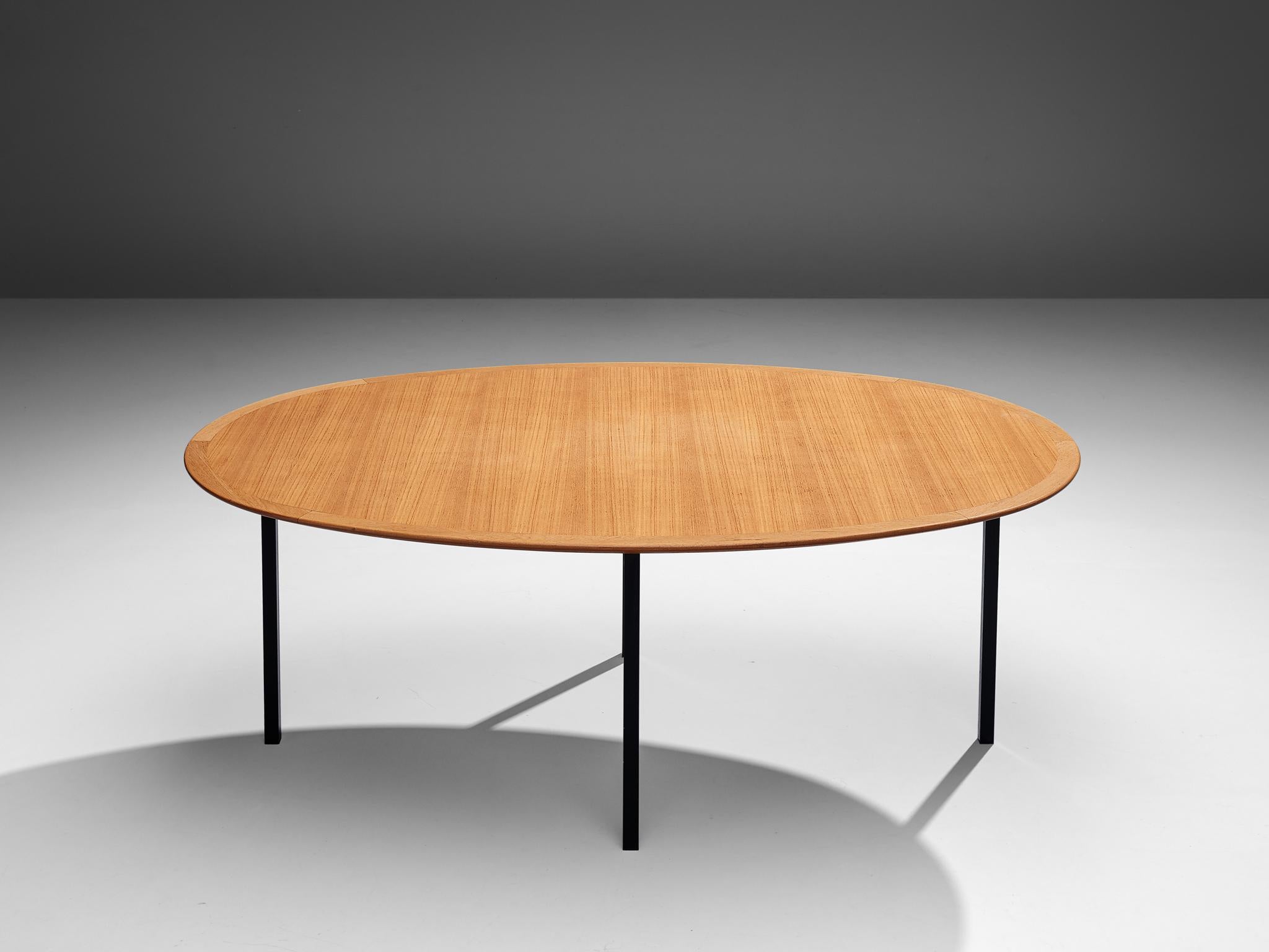 Florence Knoll for Knoll International, oval dining table, metal, teak, United States, 1950s

This table is designed by the female designer Florence Knoll and has a splendid construction that epitomizes a simplistic, natural and timeless aesthetic.
