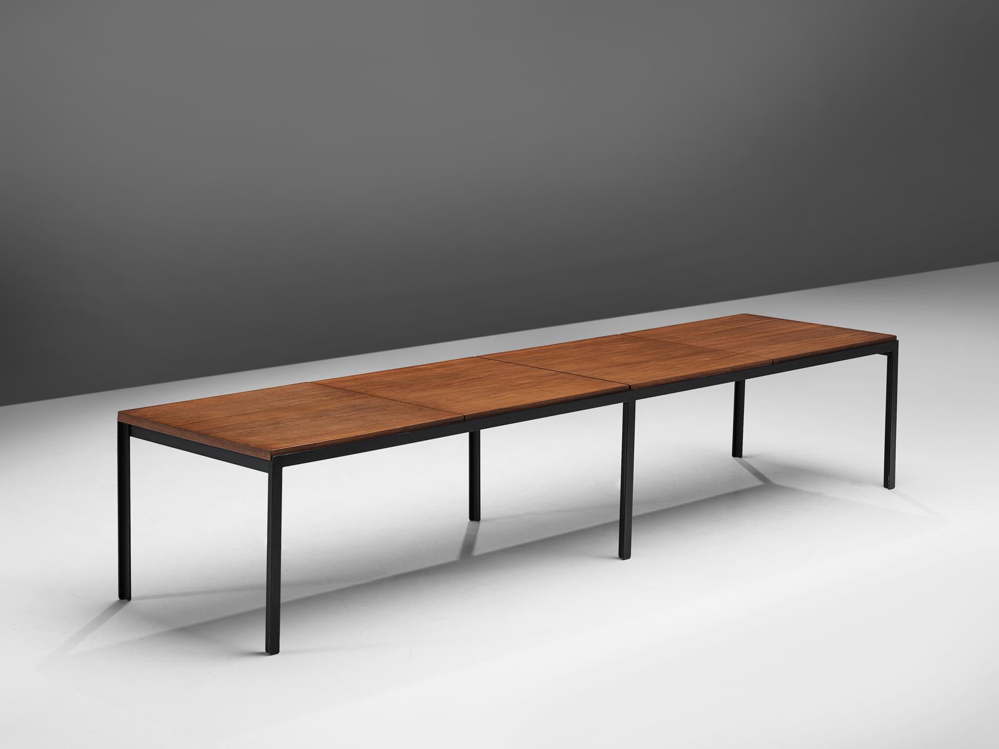 Florence Knoll for Knoll, T-angle bench, teak and metal, United States, 1950s

Large early production Florence Knoll angle iron and teak table or bench with segmented walnut top from the 'T-Angle' series. This is a very substantial piece and would