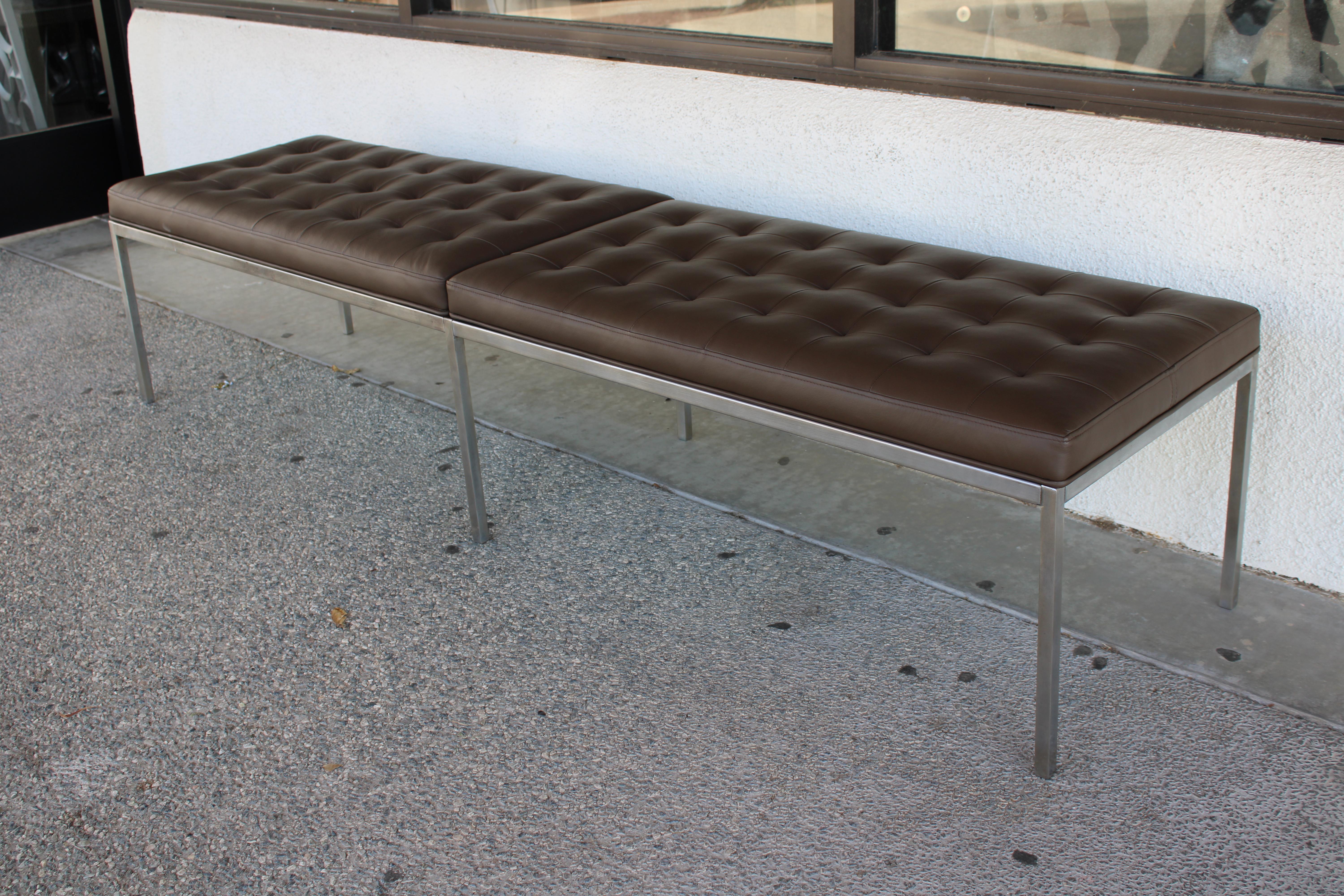Florence Knoll bench with early label Knoll Associates, Inc.  Madison Ave, NY.  We had the bench redone in brown leather.  Bench measures 80
