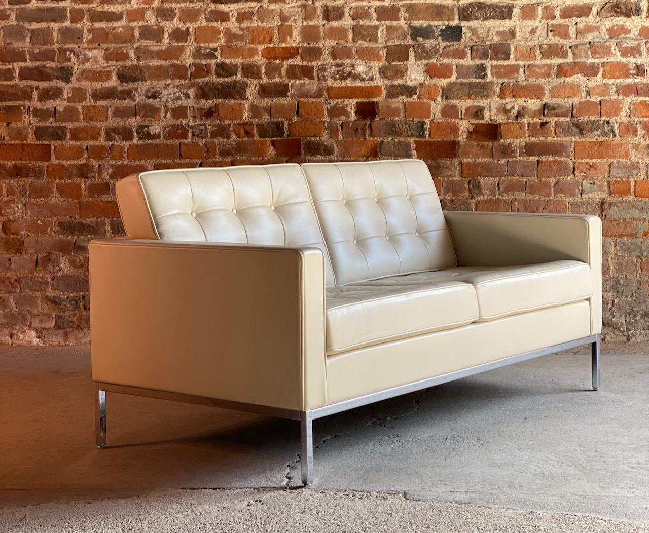 Florence Knoll leather sofa by Knoll Studio

Sublime quality Florence Knoll for Knoll Studio Model 1205S2C leather two-seat sofa, the chrome frame supporting the finest cream Spinneybeck HT513 leather button upholstered seats, this is an