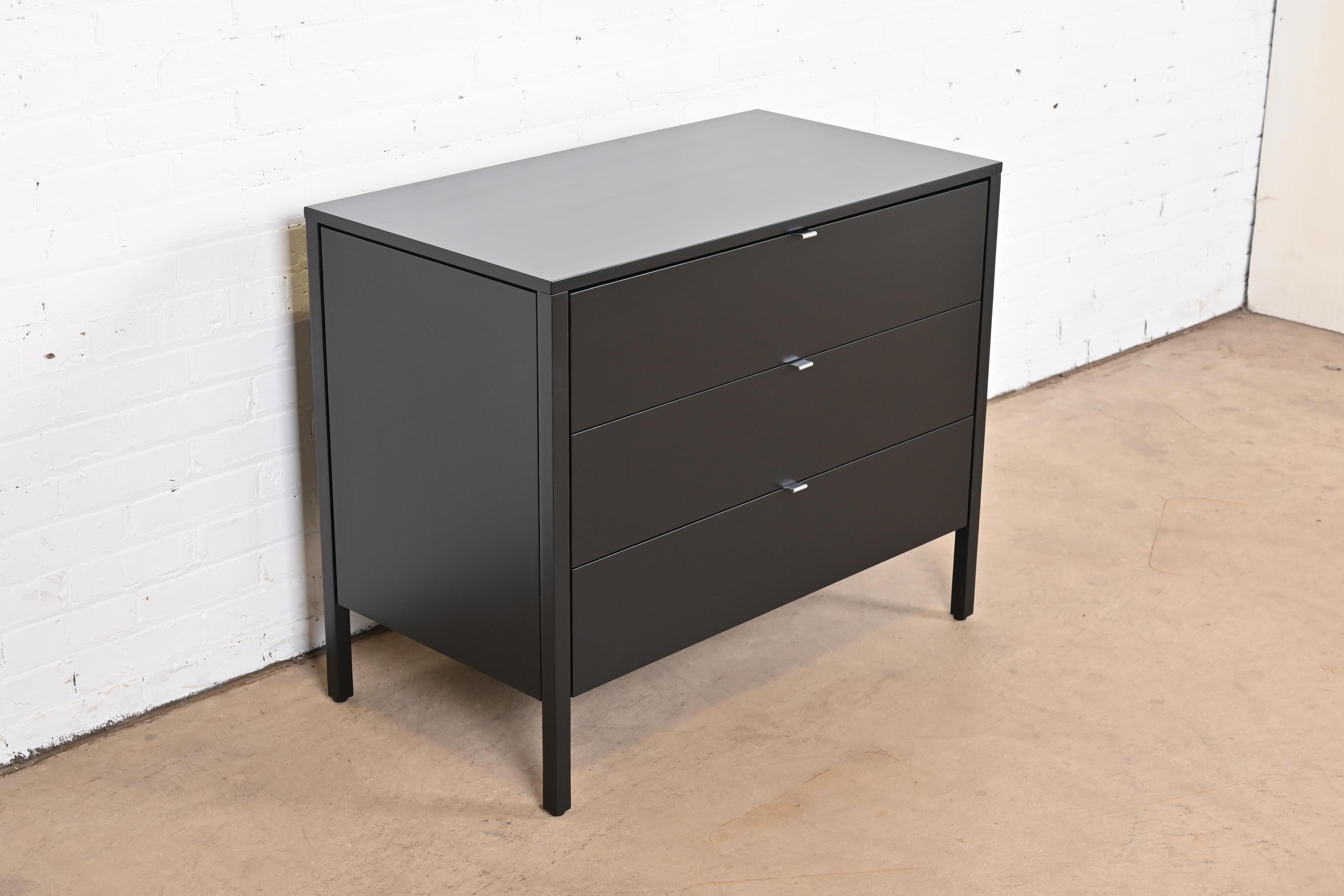 Chrome Florence Knoll Mid-Century Modern Black Lacquered Chest of Drawers, Refinished For Sale