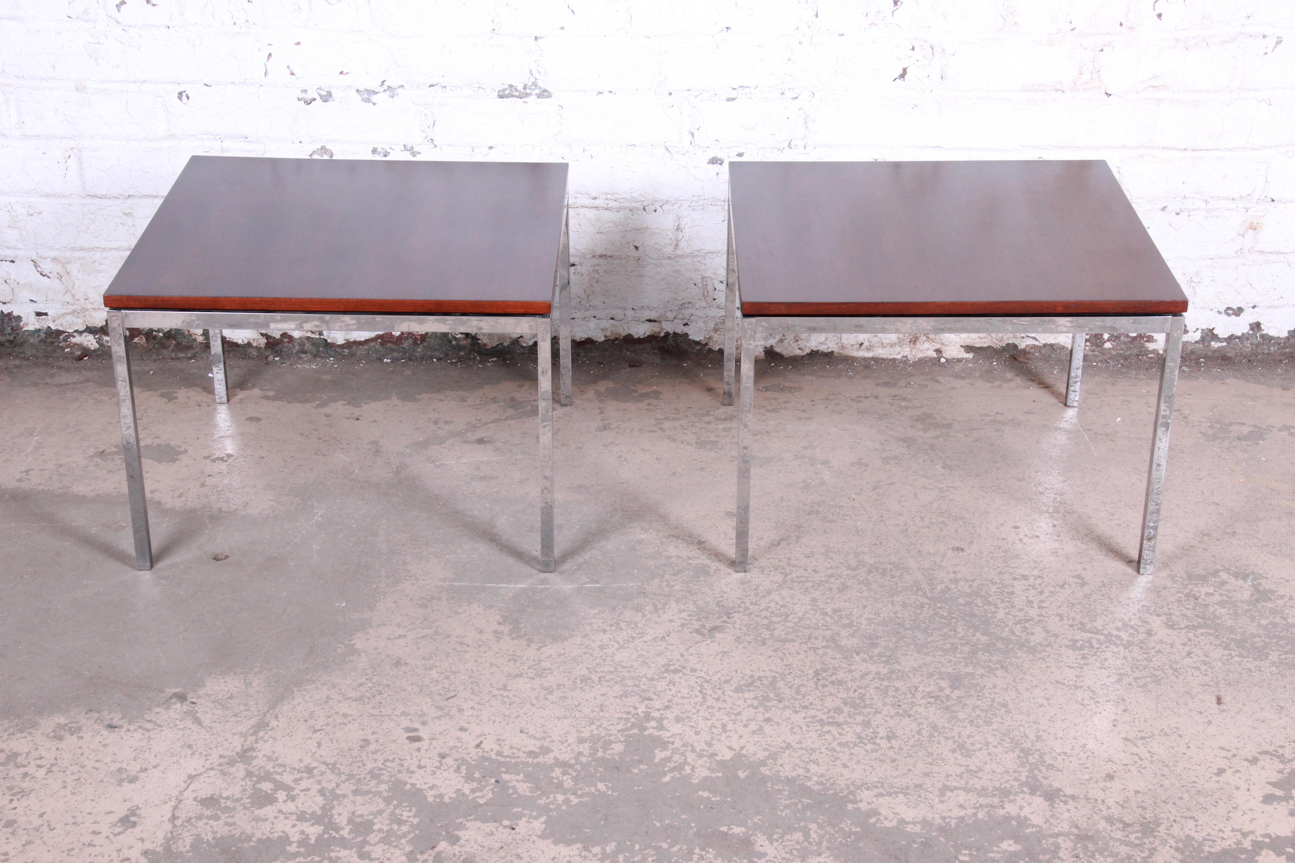 American Florence Knoll Mid-Century Modern Chrome and Walnut Side Tables, Refinished