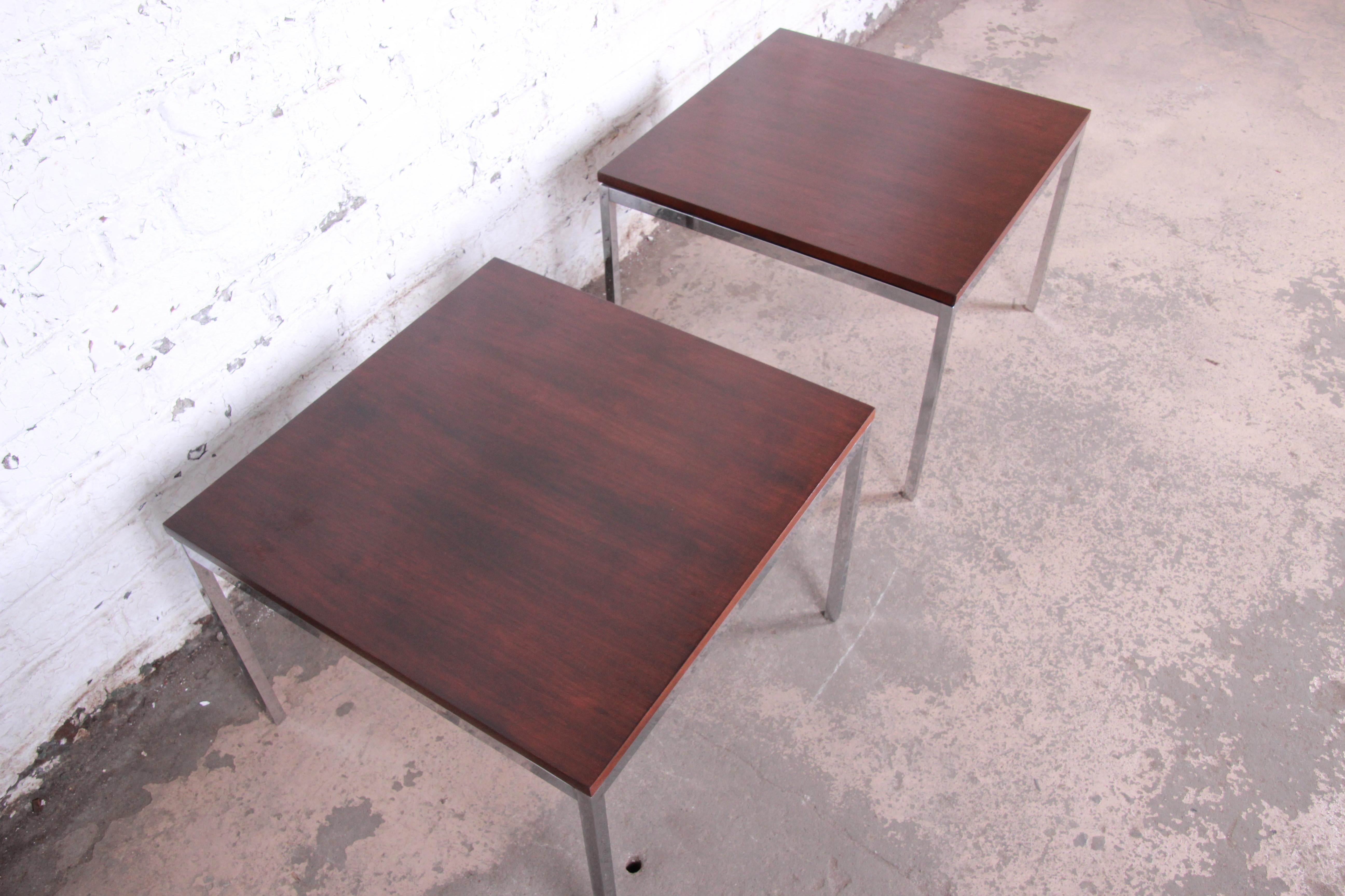 Florence Knoll Mid-Century Modern Chrome and Walnut Side Tables, Refinished 1
