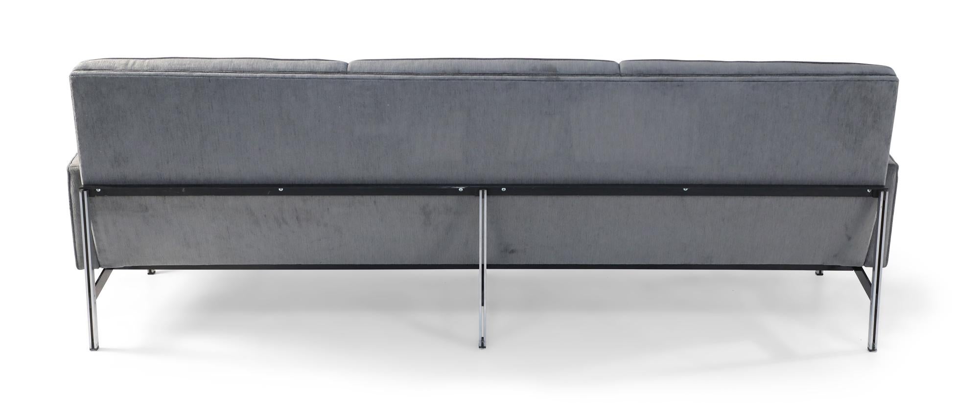 Florence Knoll Mid-Century Modern Gray Sharkskin Velvet and Chrome Sofa 1