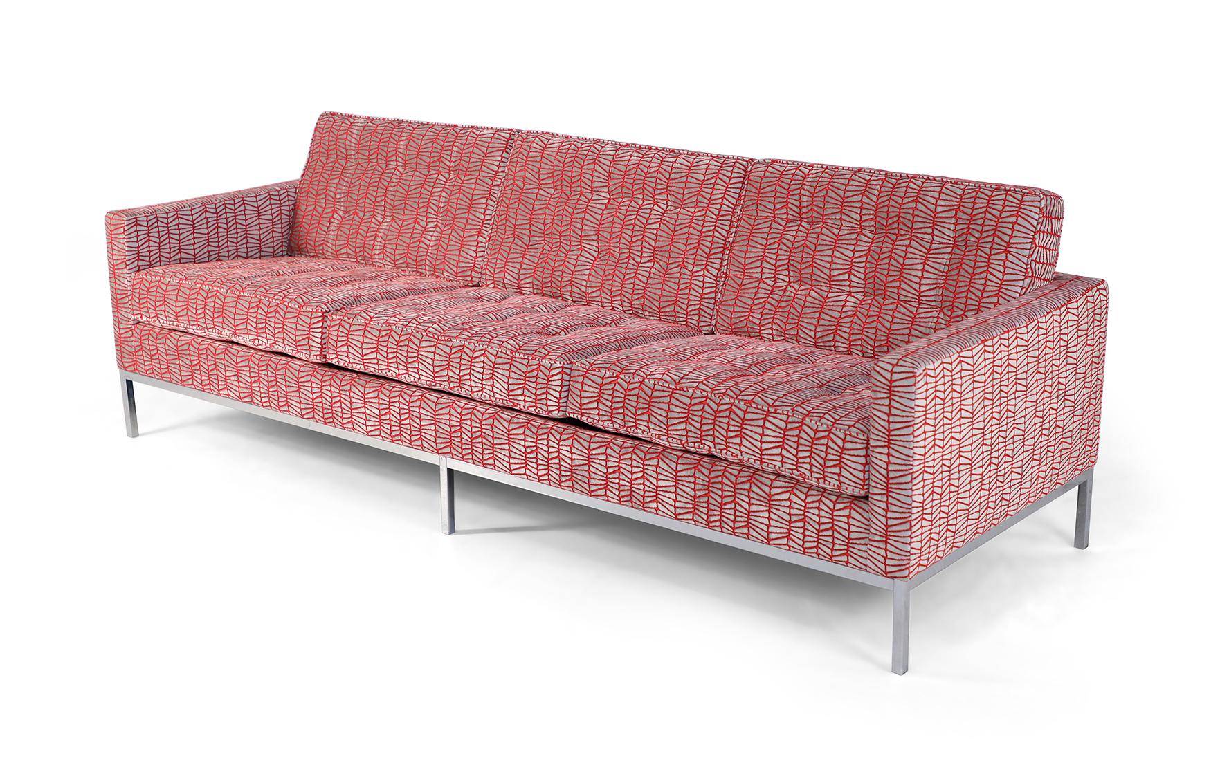 Mid-Century Modern three-seat sofa with red and silver 